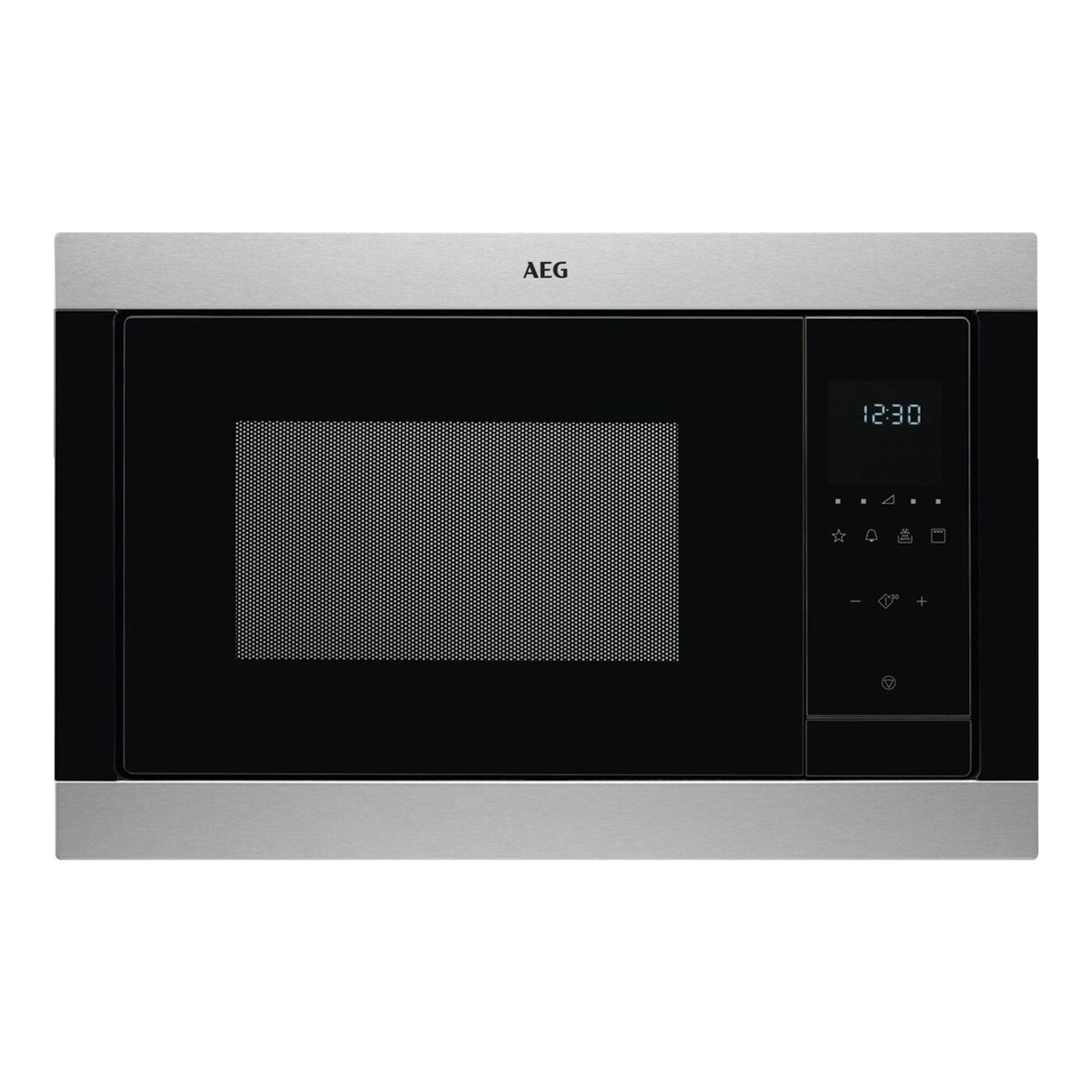 Microondas integrable AEG MSB2547D-M en inox y negro, vista frontal, con panel digital a la derecha.