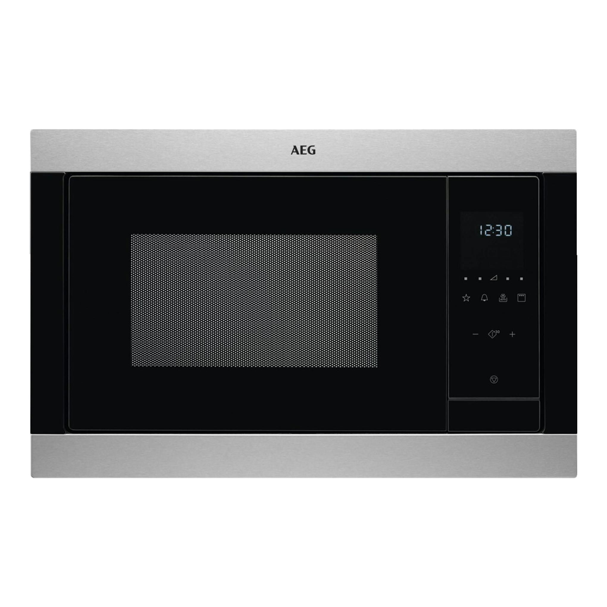 Microondas integrable AEG MSB2547D-M en inox y negro, vista frontal, con panel digital a la derecha.