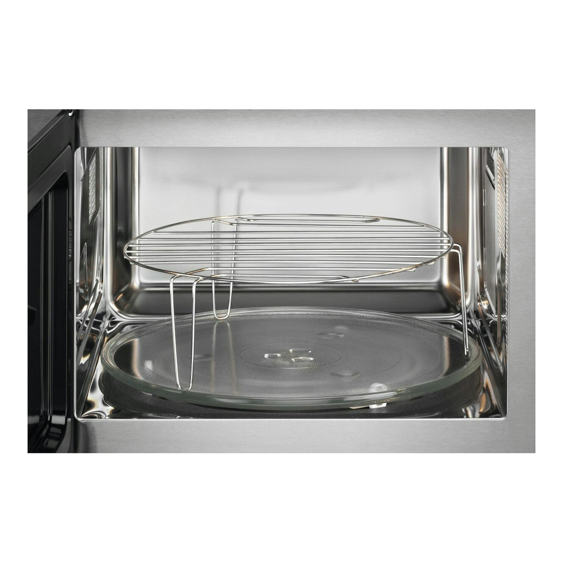 Microondas grill integrable AEG MSB2547D-M, interior en inox, vista frontal con plato giratorio y rejilla.