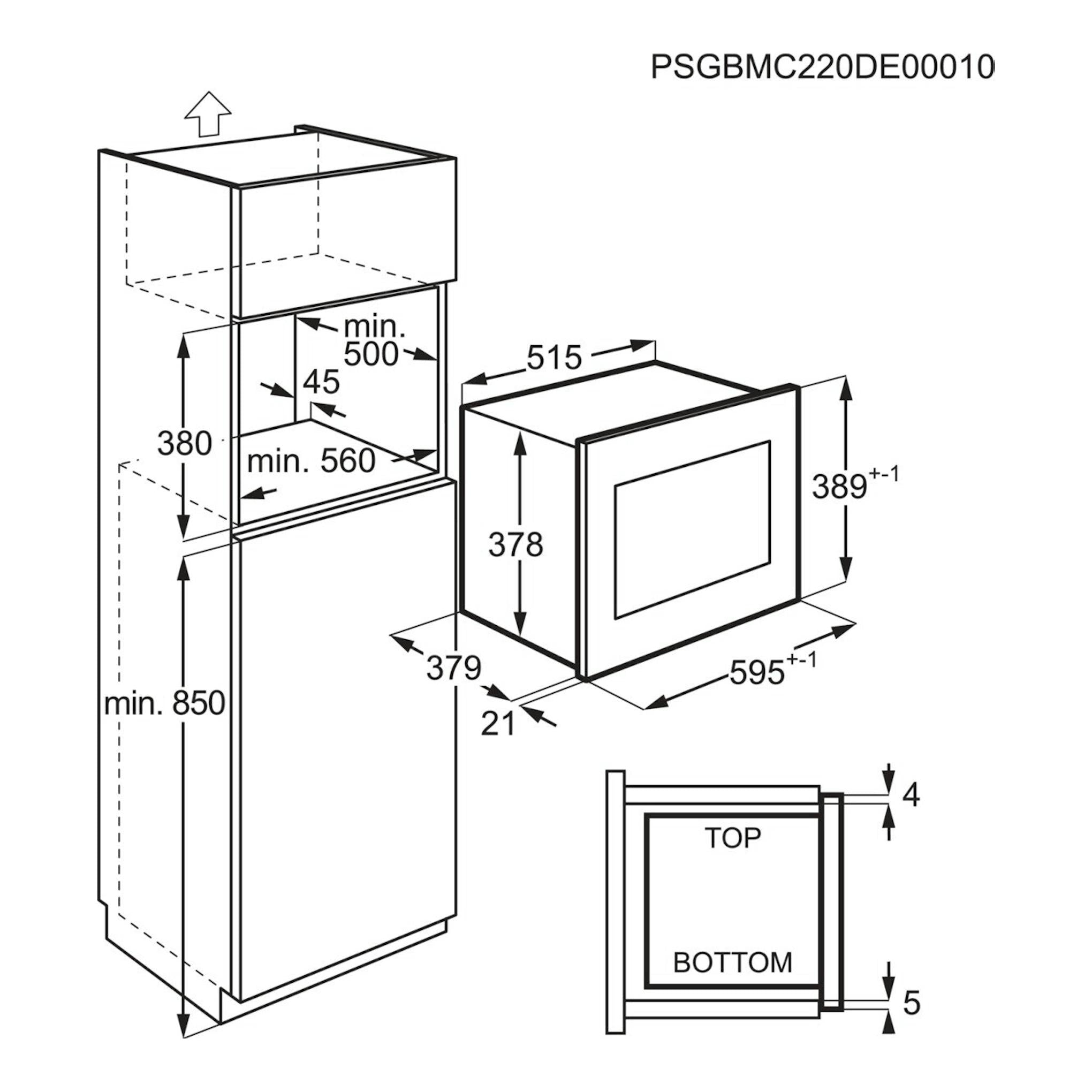 Diagrama técnico de instalación del microondas grill integrable AEG MSB2547D-M, vista en perspectiva, con medidas.