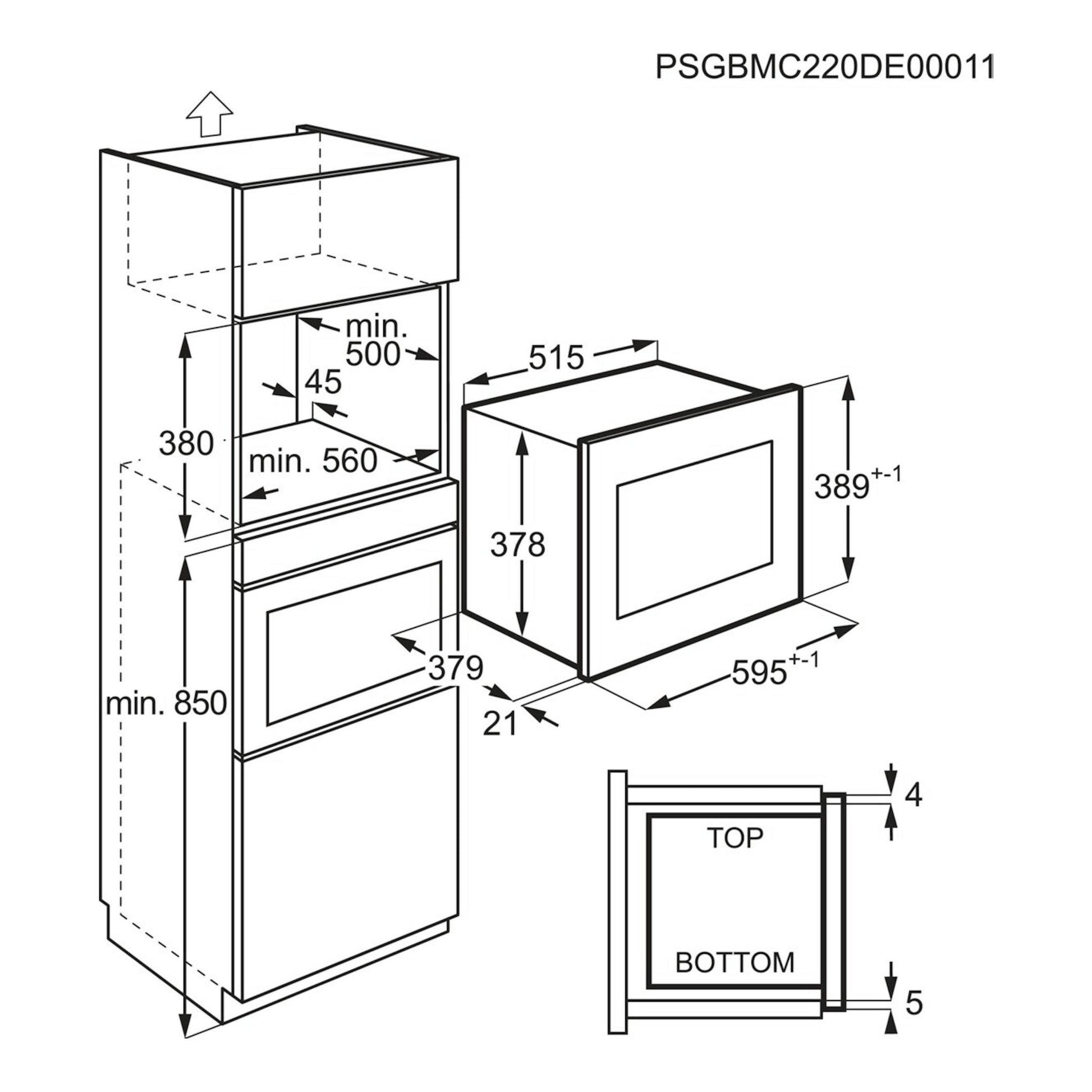 AEG MSB2547D-M: diagrama de instalación de microondas integrable inox, vistas frontal y lateral con medidas.