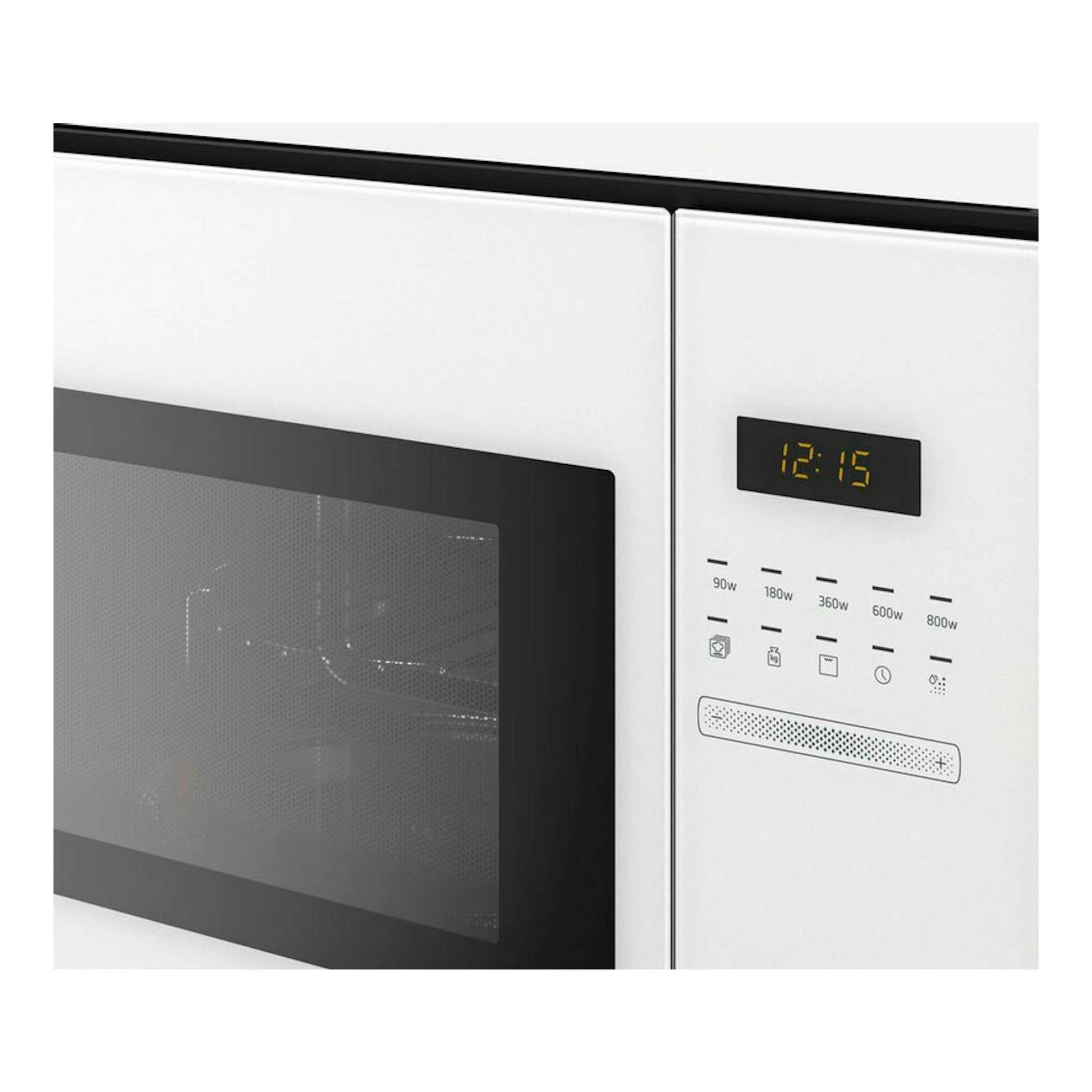 Microondas Balay 3CG5172B2 blanco, vista frontal parcial, con puerta de cristal negro y panel digital.