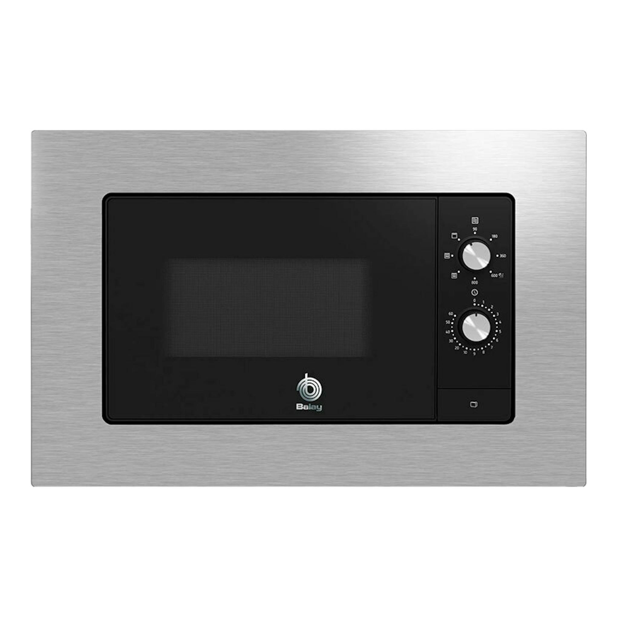 Microondas Balay 3CG6112X3 inox, vista frontal, puerta negra y panel lateral con dos mandos.