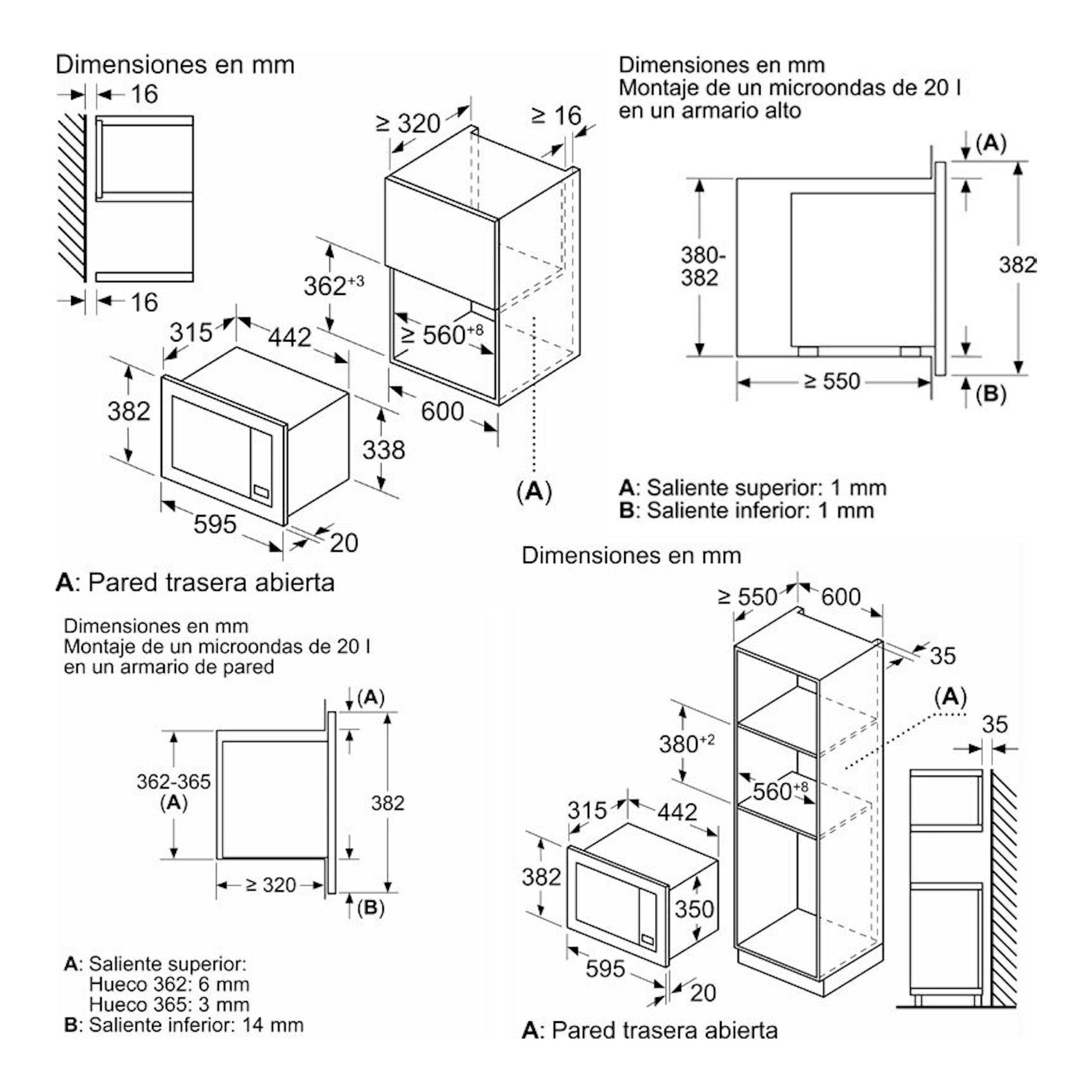 Diagrama técnico del microondas Balay 3CG6112X3 inox con vistas laterales y medidas de instalación.