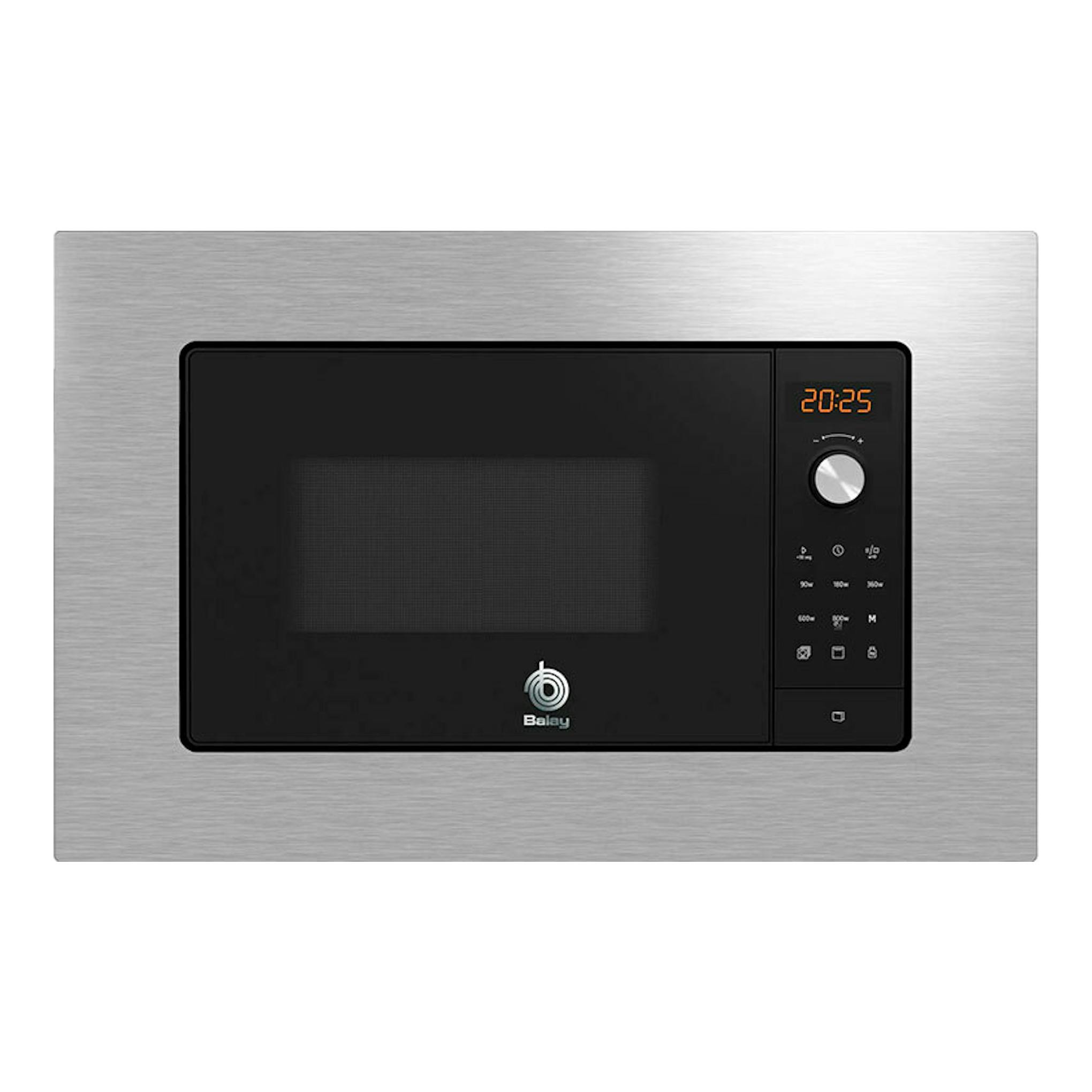 Microondas empotrable Balay 3CG6142X3 en acero inoxidable, vista frontal, con puerta negra y panel digital.