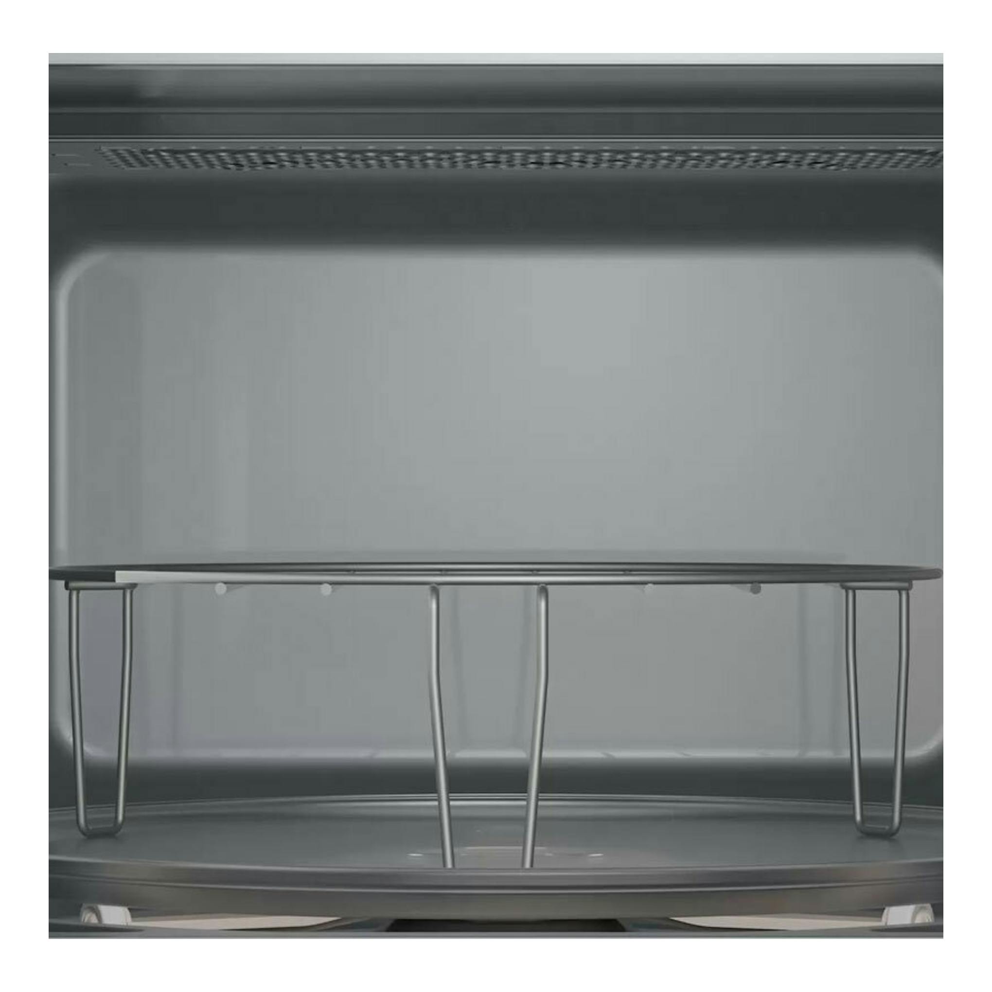 Interior de microondas Balay 3CG6142X3, vista frontal, gris, con plato giratorio de cristal.