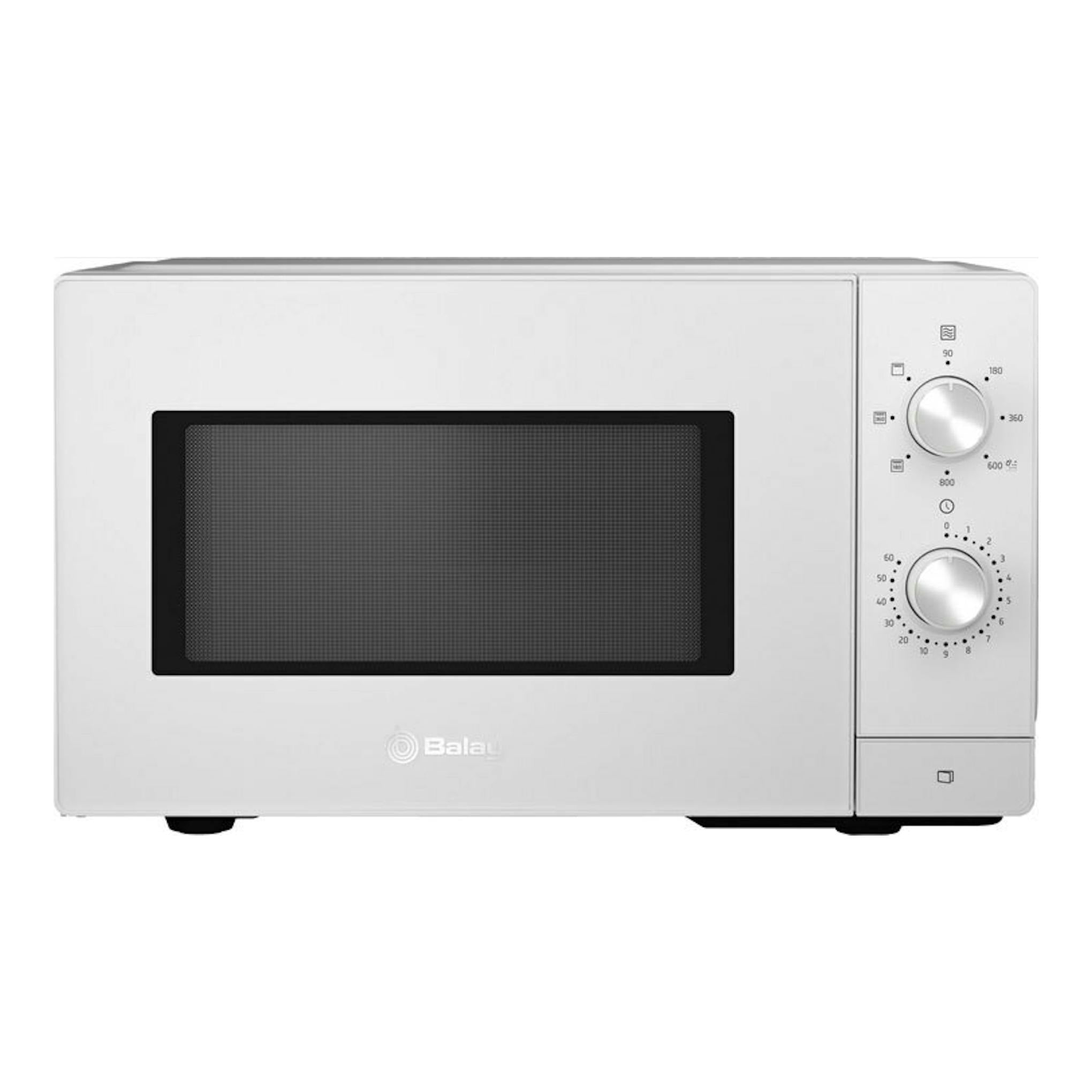 Microondas Balay 3WG3112B0 blanco, vista frontal, con puerta negra y dos mandos giratorios a la derecha.