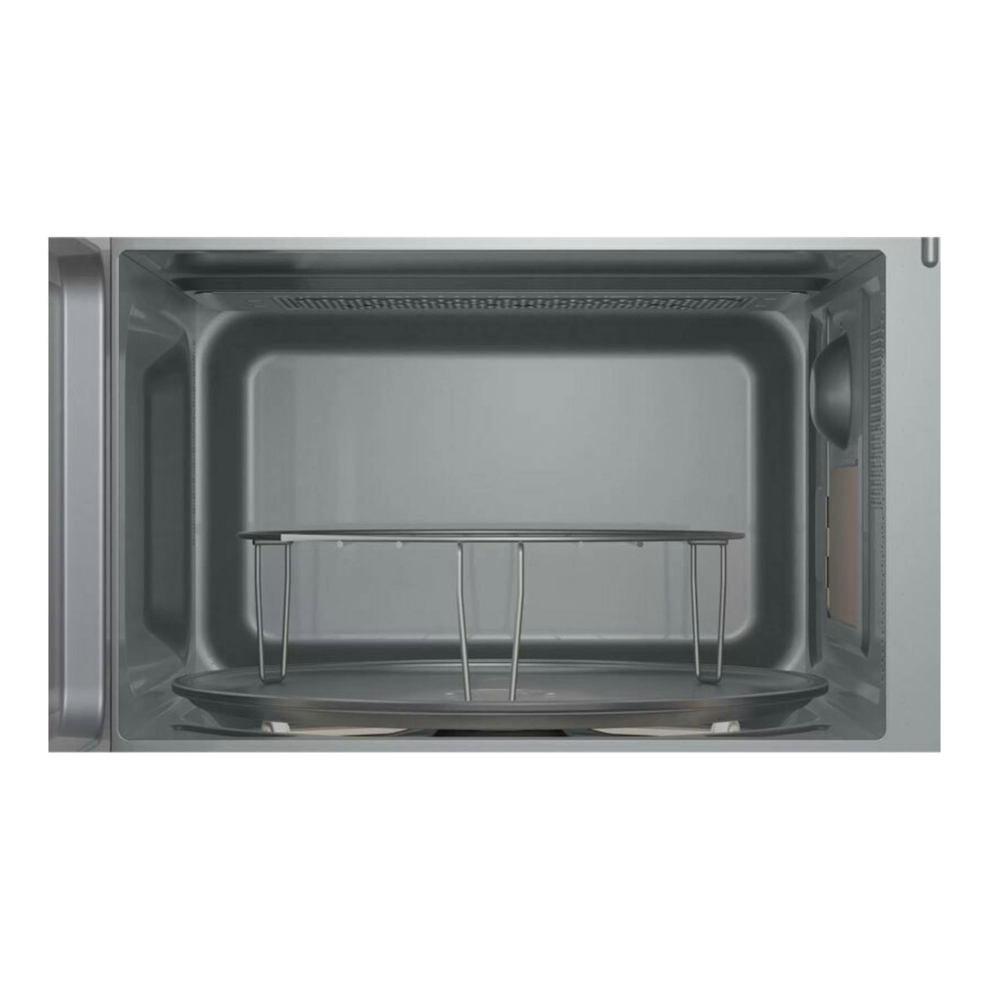 Interior de microondas Balay 3WG3112B0 blanco, vista frontal abierta, cavidad gris con plato giratorio.