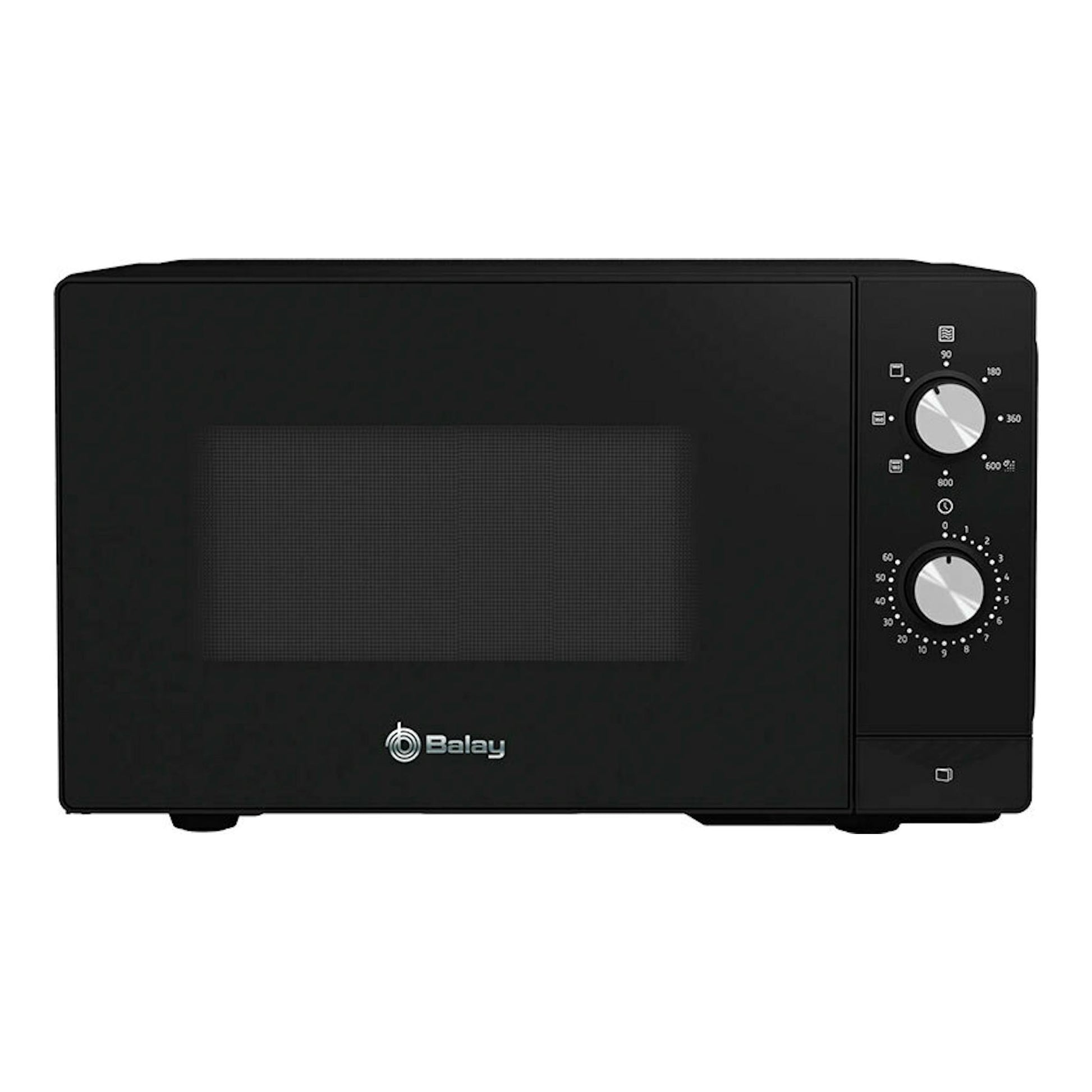 Microondas Balay 3WG3112X2 negro, vista frontal, con dos mandos giratorios a la derecha.