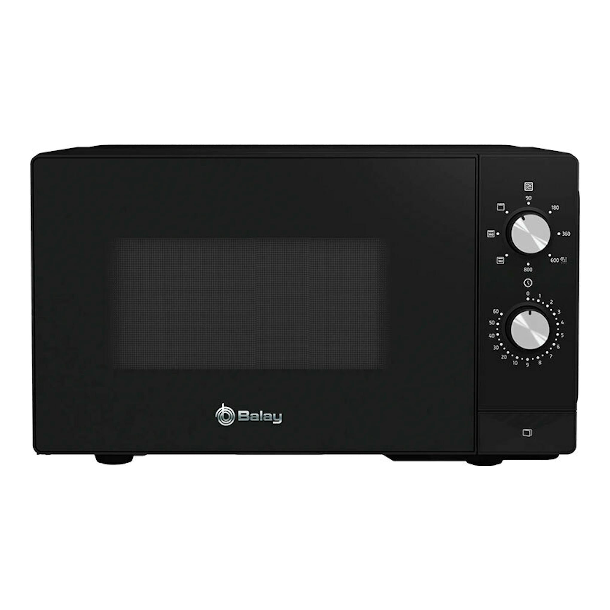 Microondas Balay 3WG3112X2 negro, vista frontal, con dos mandos giratorios a la derecha.