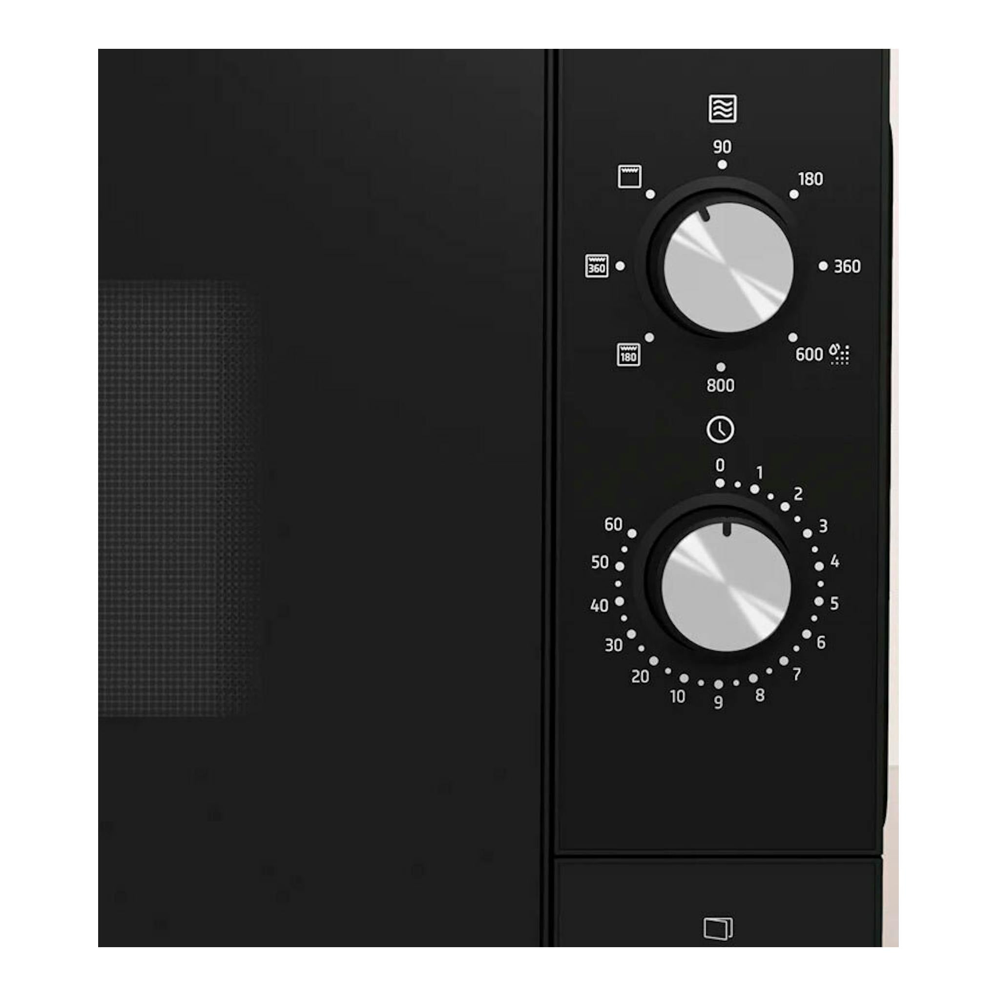 Microondas Balay 3WG3112X2 negro, vista frontal parcial con panel negro y dos mandos giratorios plateados.