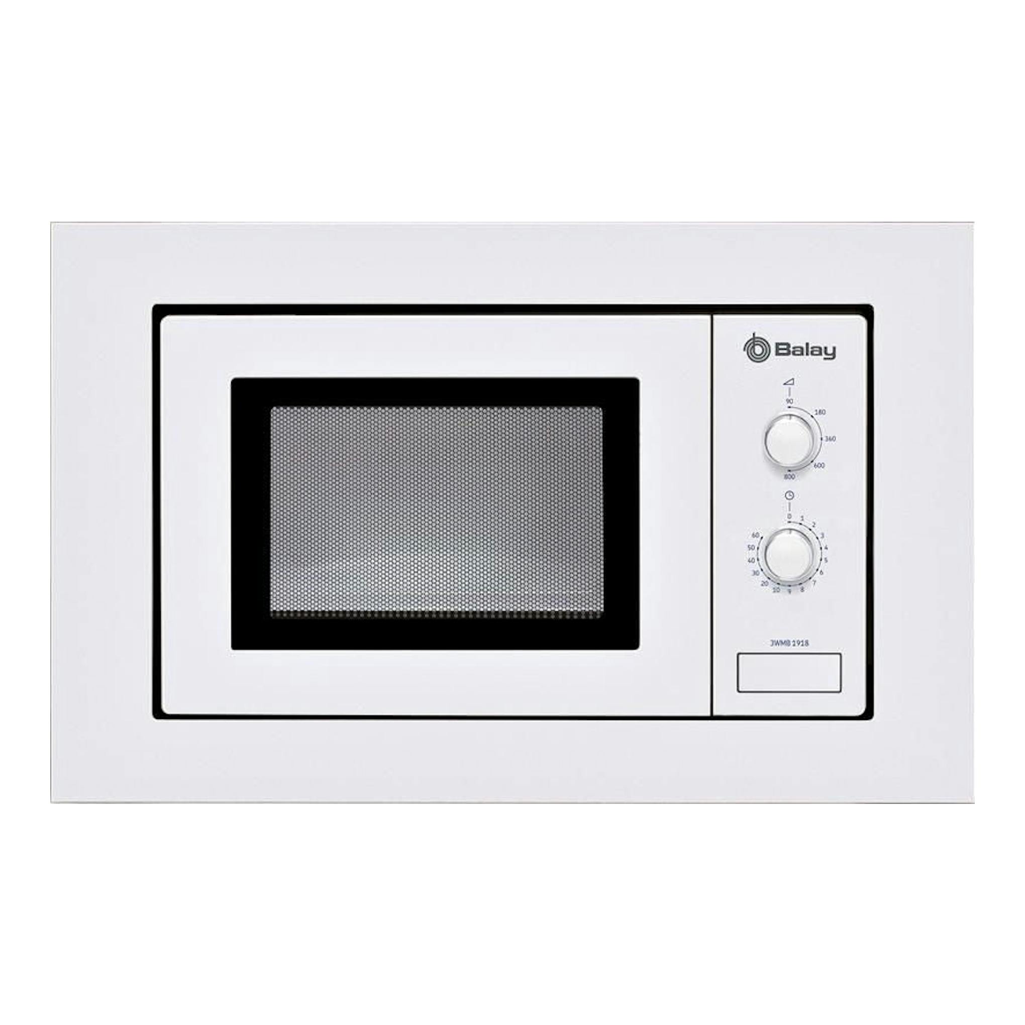Microondas Balay 3WMB2918 blanco, vista frontal, con puerta negra y dos mandos en el panel derecho.