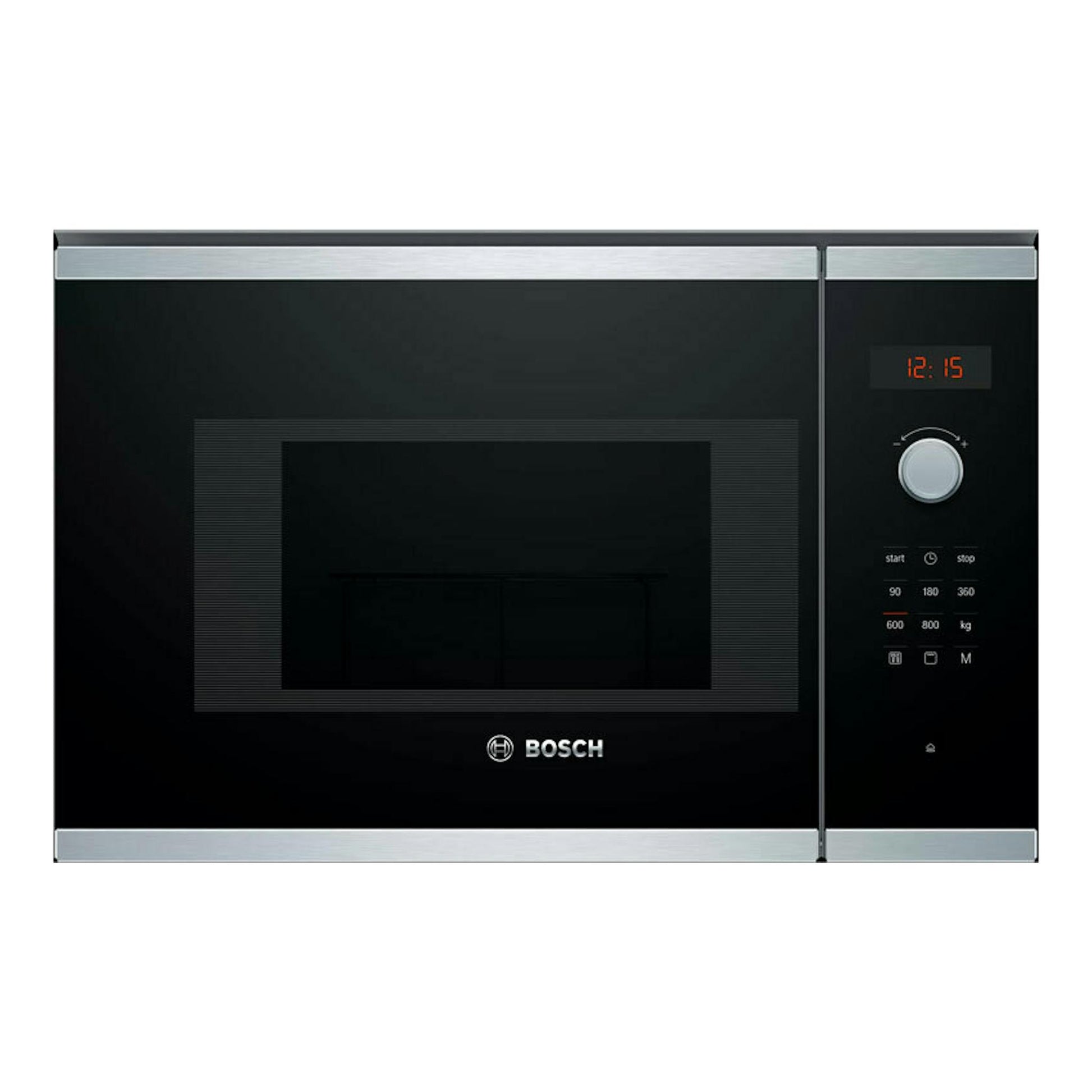 Microondas Bosch BEL523MS0 negro, vista frontal, con display digital y mando circular, detalles plateados.