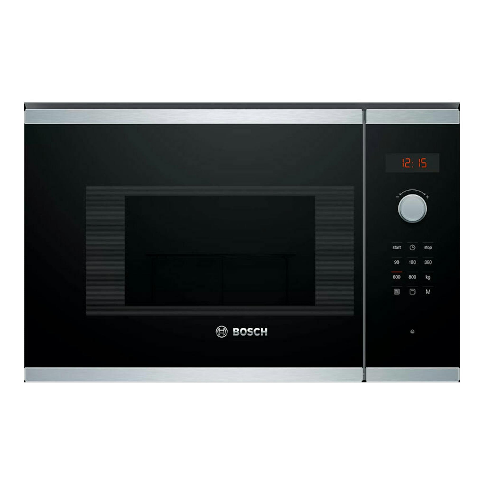 Microondas Bosch BEL523MS0 negro, vista frontal, con display digital y mando circular, detalles plateados.