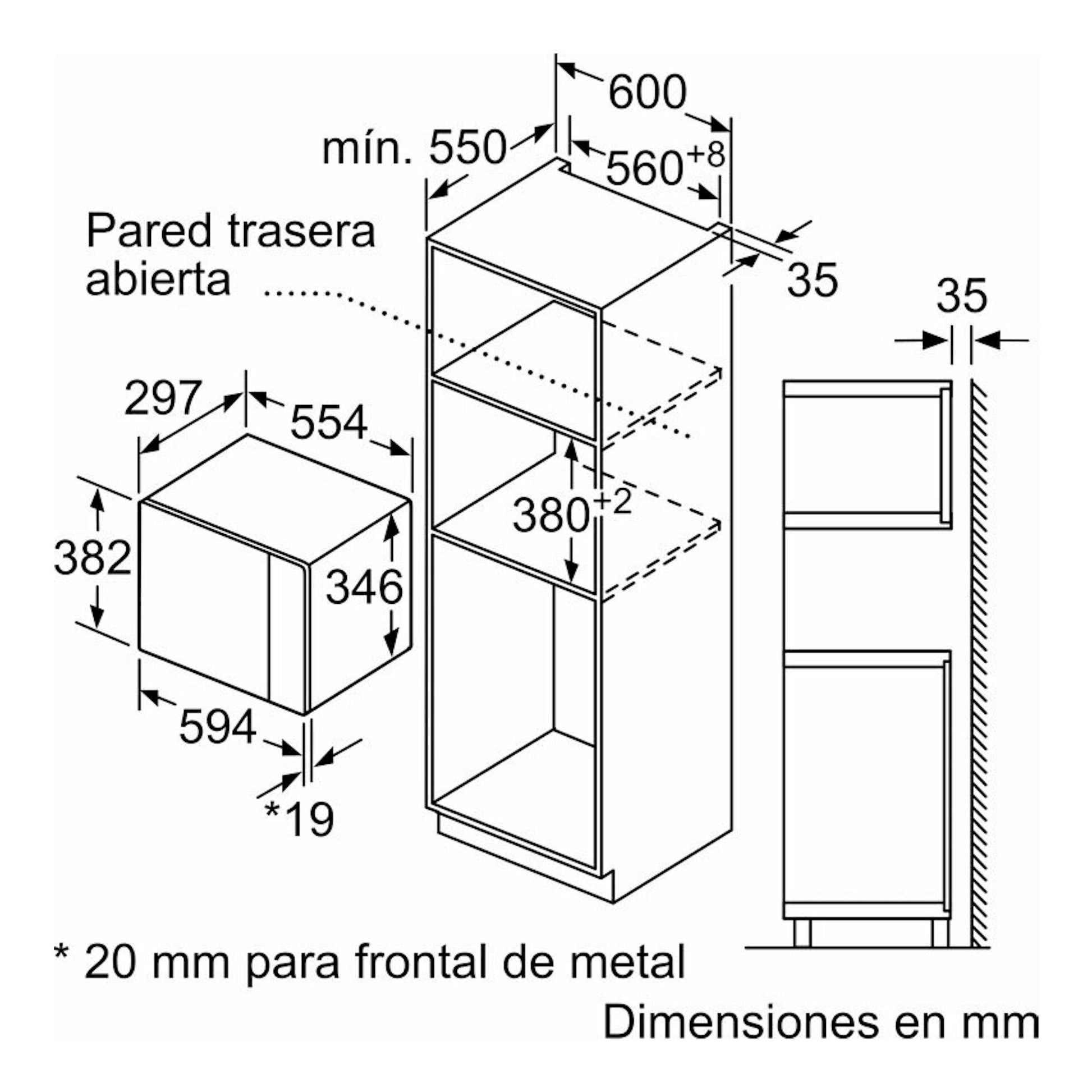 Diagrama técnico en blanco y negro del microondas Bosch BEL523MS0, con vistas frontal y lateral en mueble.