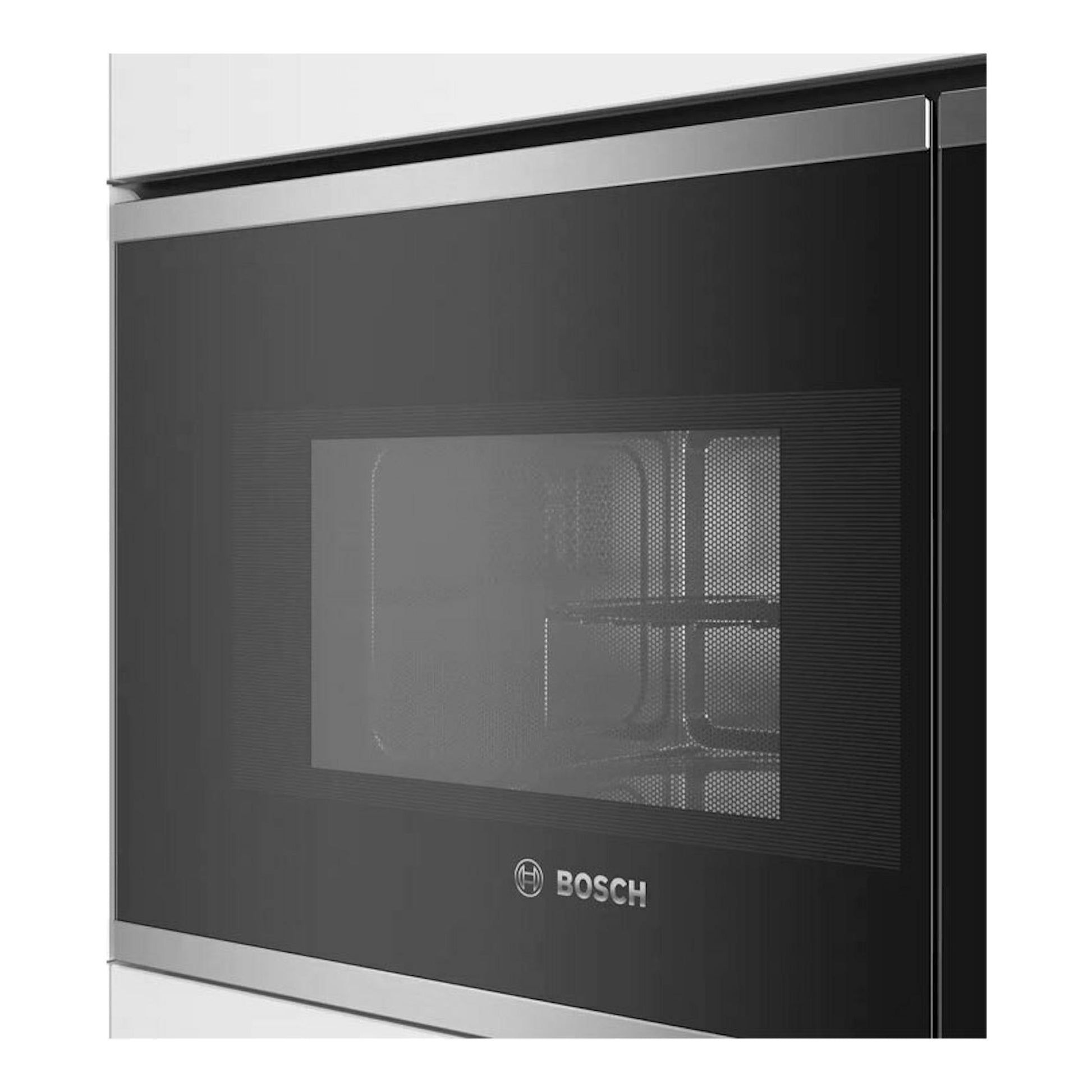 Microondas Bosch BEL523MS0 negro, vista frontal en ángulo, empotrado con puerta de vidrio oscuro.