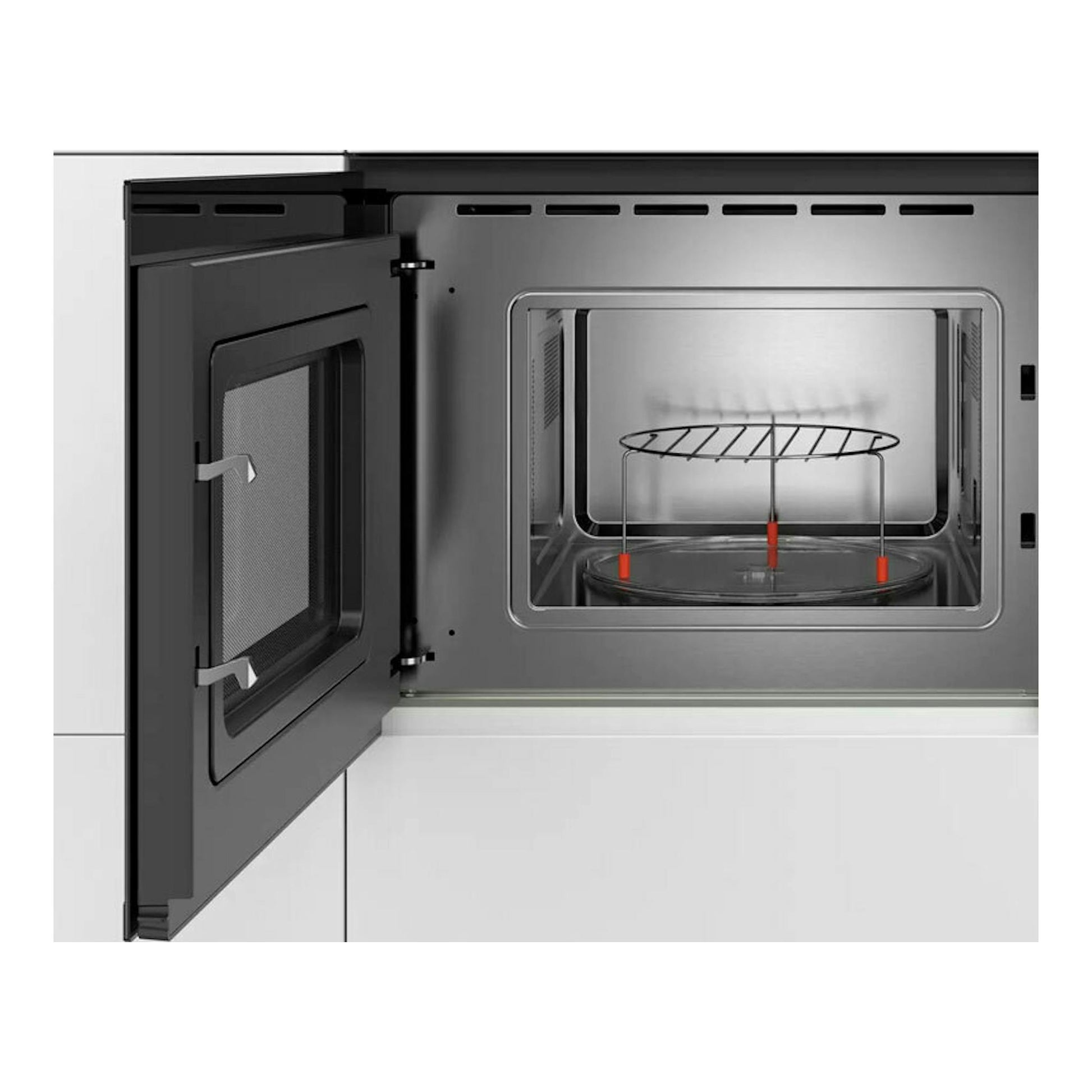 Microondas Bosch BEL523MS0 negro empotrado, puerta abierta, vista frontal del interior.