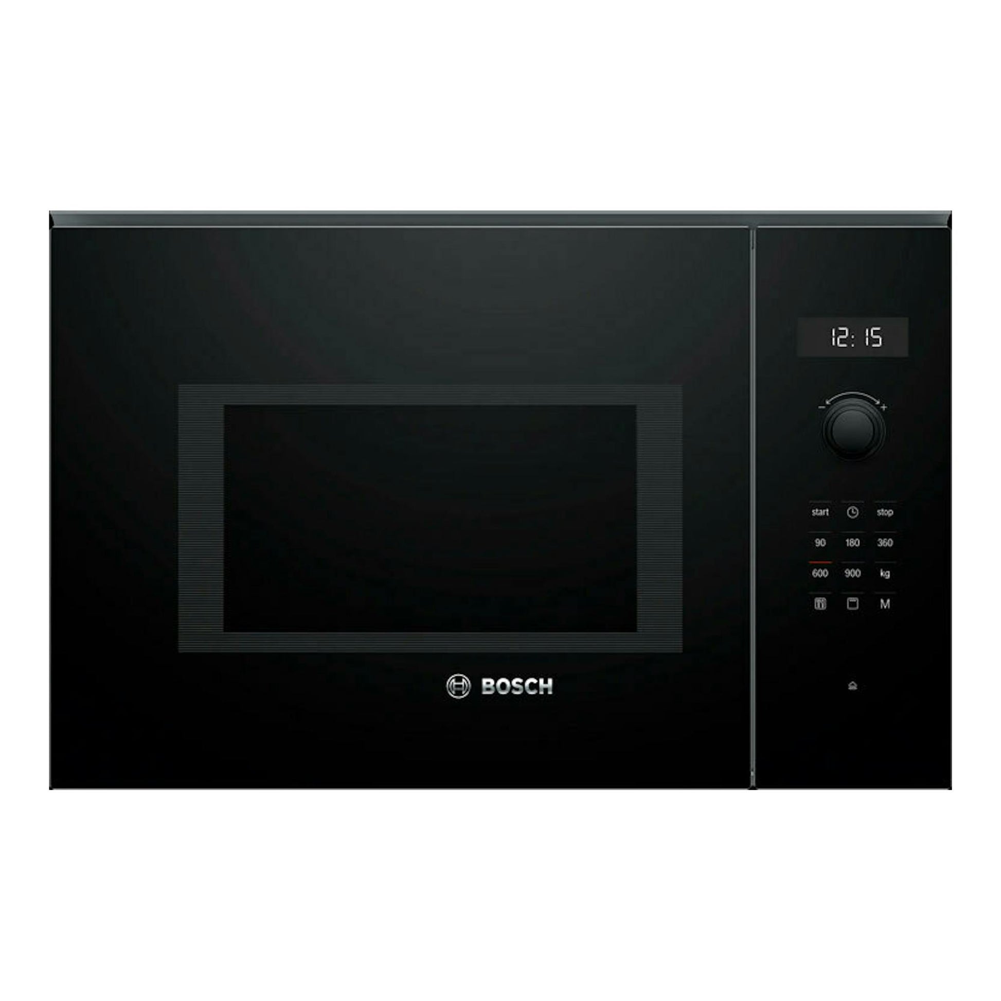 Microondas empotrable Bosch BEL554MB0 negro, vista frontal con panel digital y mando lateral.