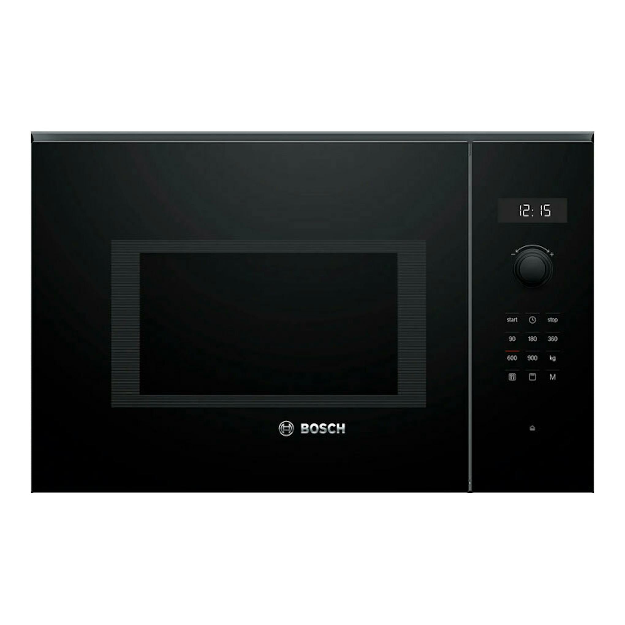 Microondas empotrable Bosch BEL554MB0 negro, vista frontal con panel digital y mando lateral.