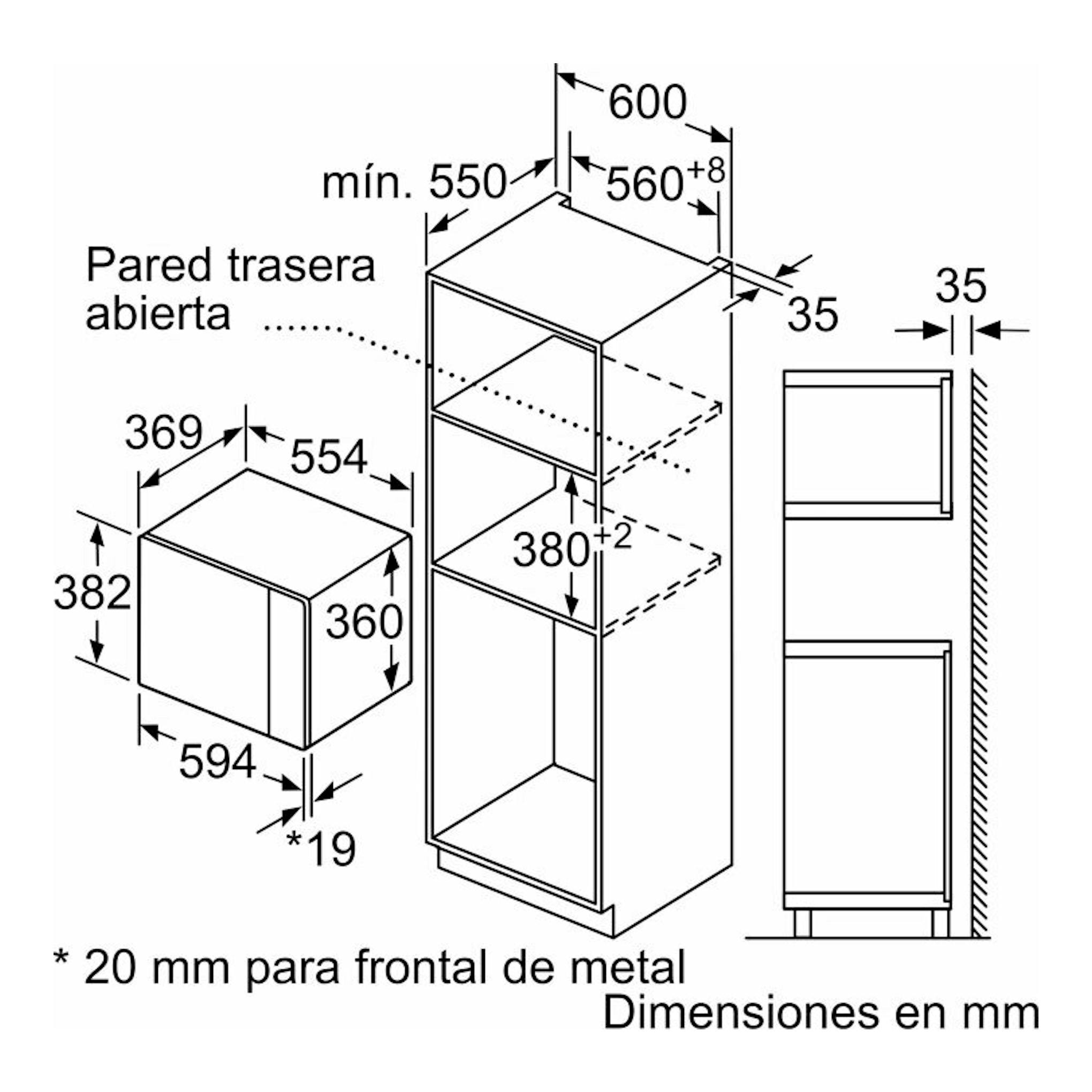Bosch BEL554MB0: esquema de dimensiones de microondas empotrable negro, vistas frontal y lateral.