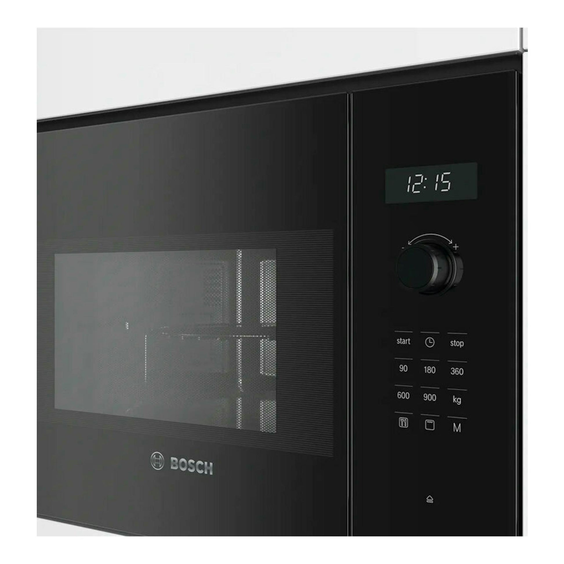 Microondas Bosch BEL554MB0 negro, vista frontal en ángulo, con panel digital y puerta de cristal.