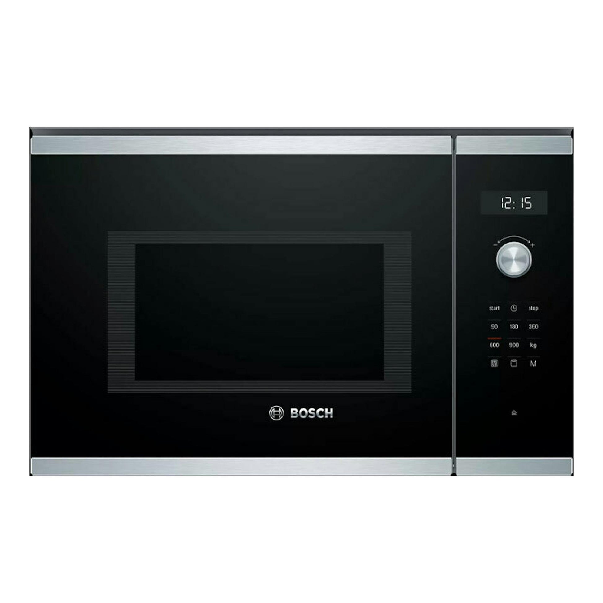 Microondas empotrable Bosch BEL554MS0 negro, vista frontal con display y mando plateado.