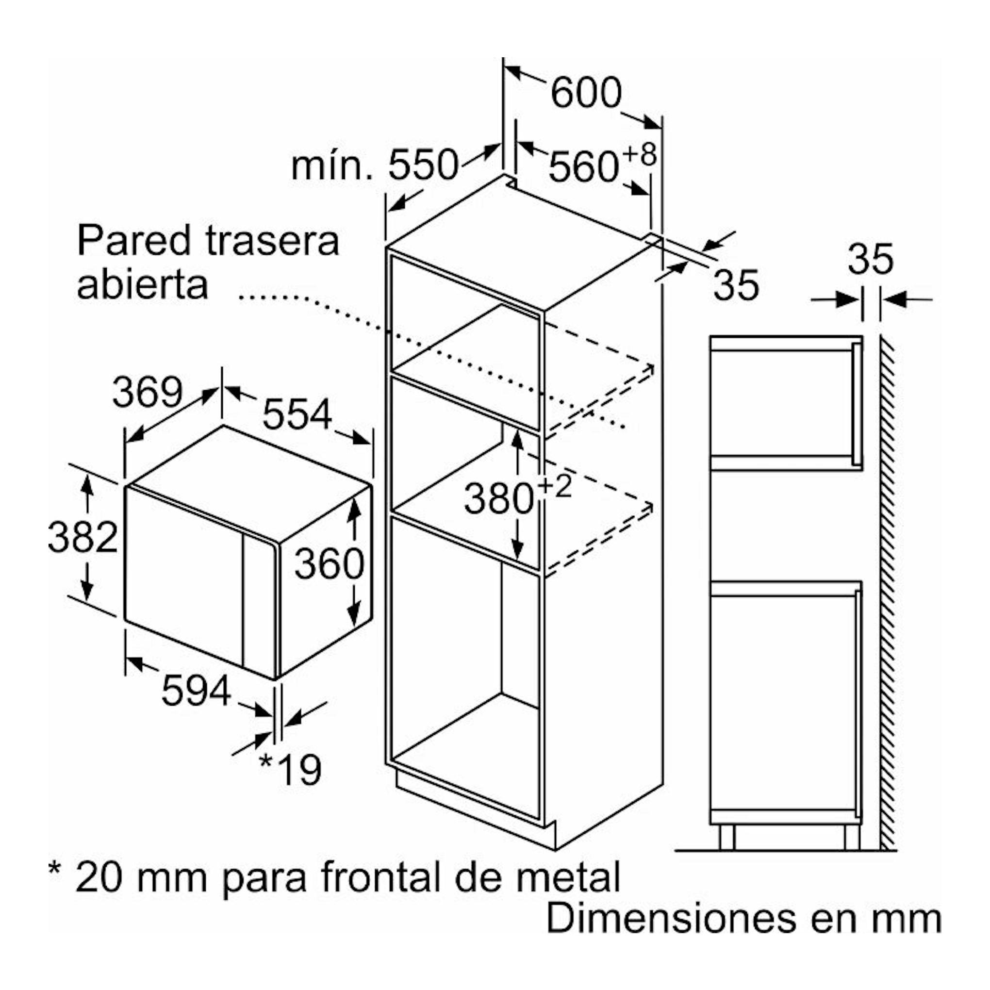 Bosch BEL554MS0: esquema técnico de instalación de microondas empotrado en negro, vistas frontal y lateral, medidas en mm.