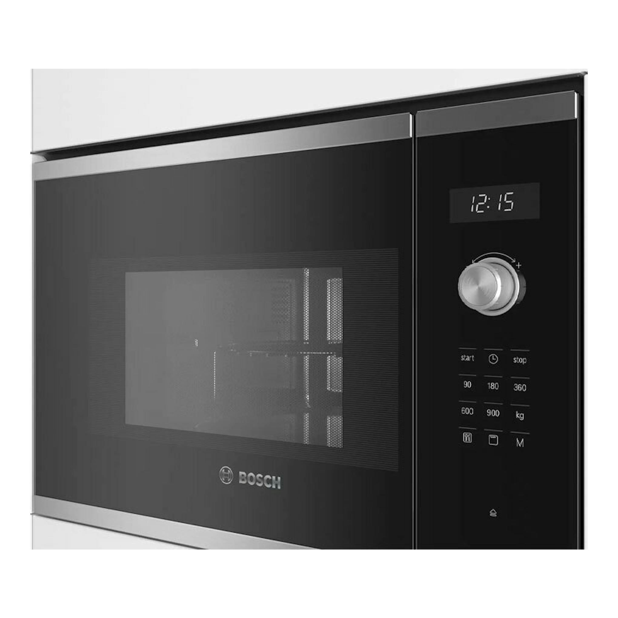 Microondas empotrable Bosch BEL554MS0 negro, vista frontal, con pantalla digital y mando giratorio.