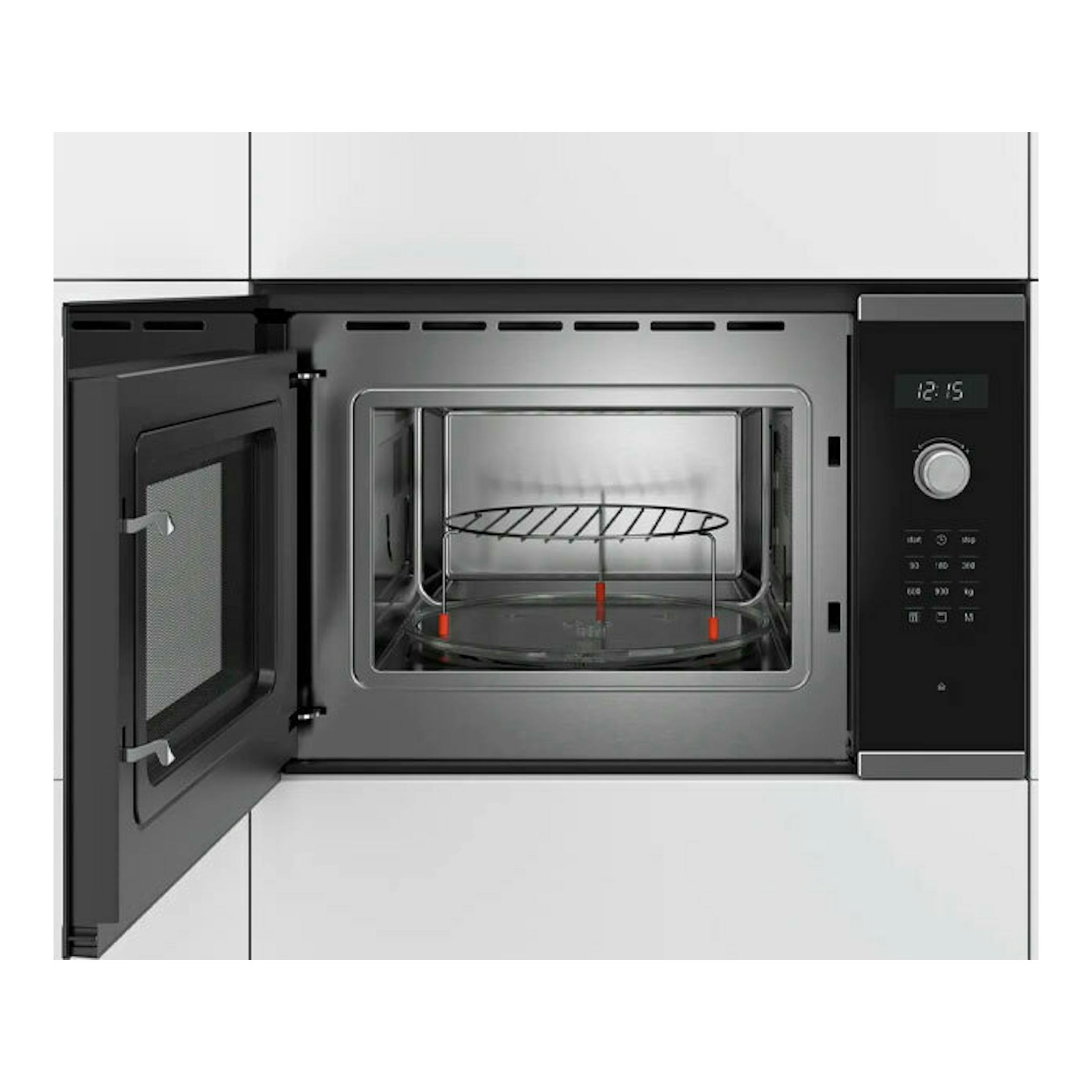 Microondas empotrable Bosch BEL554MS0 negro, vista frontal con puerta abierta y panel digital.