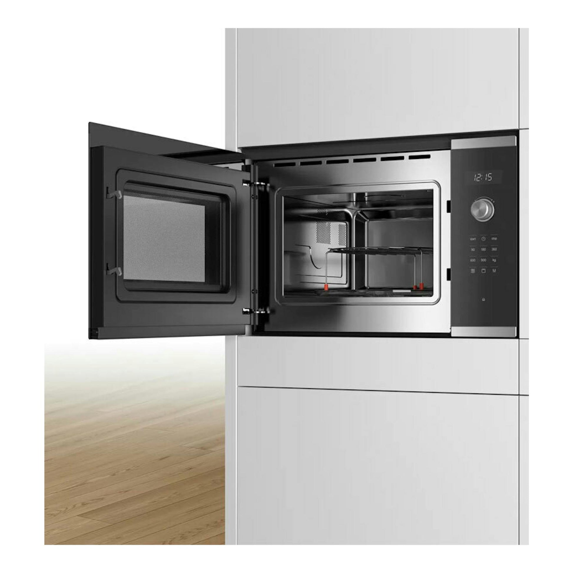 Microondas Bosch BEL554MS0 negro, empotrado, con puerta abierta y vista frontal del interior.