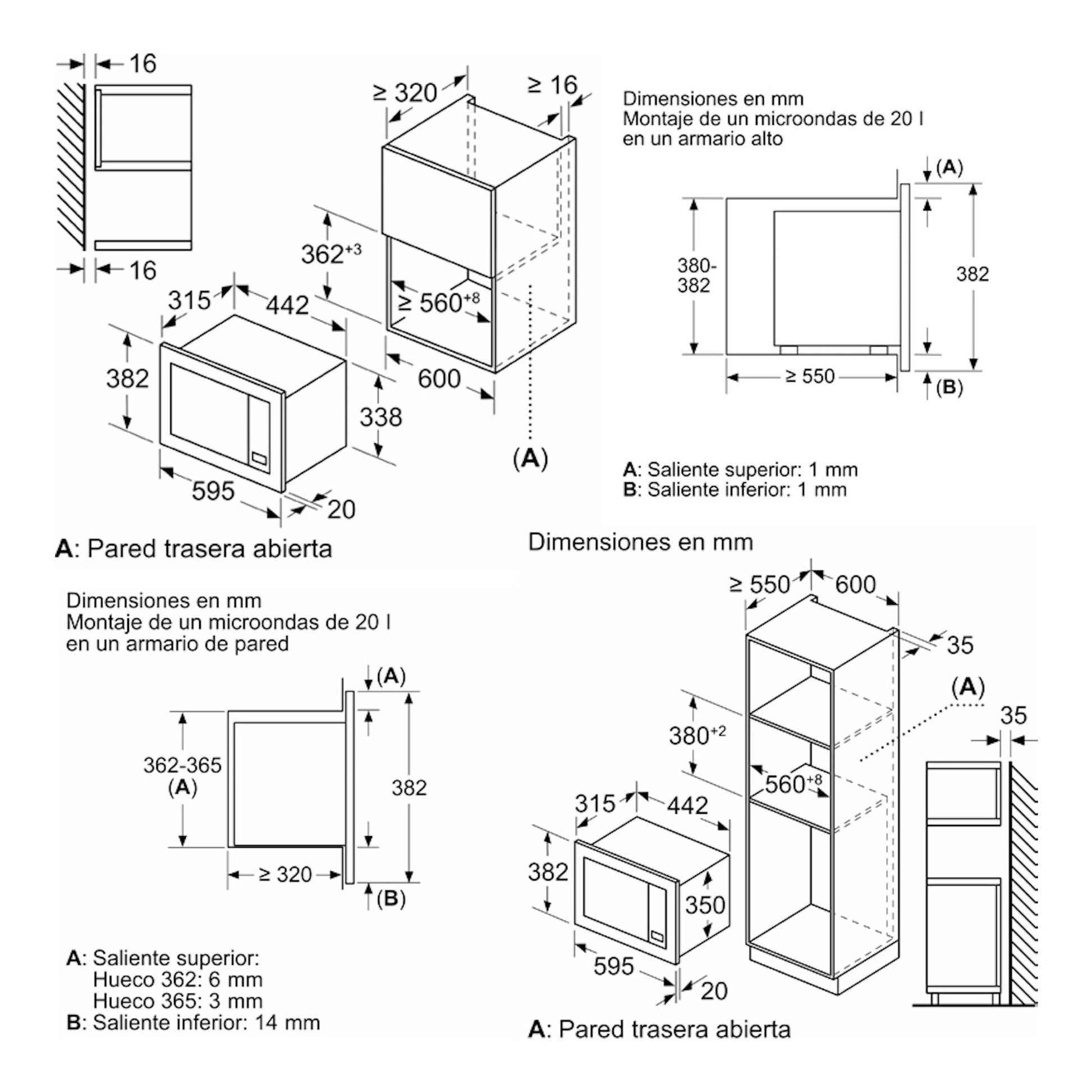 Bosch BEL623MS3 Inox: plano técnico de medidas de instalación de microondas, vistas frontal y lateral.