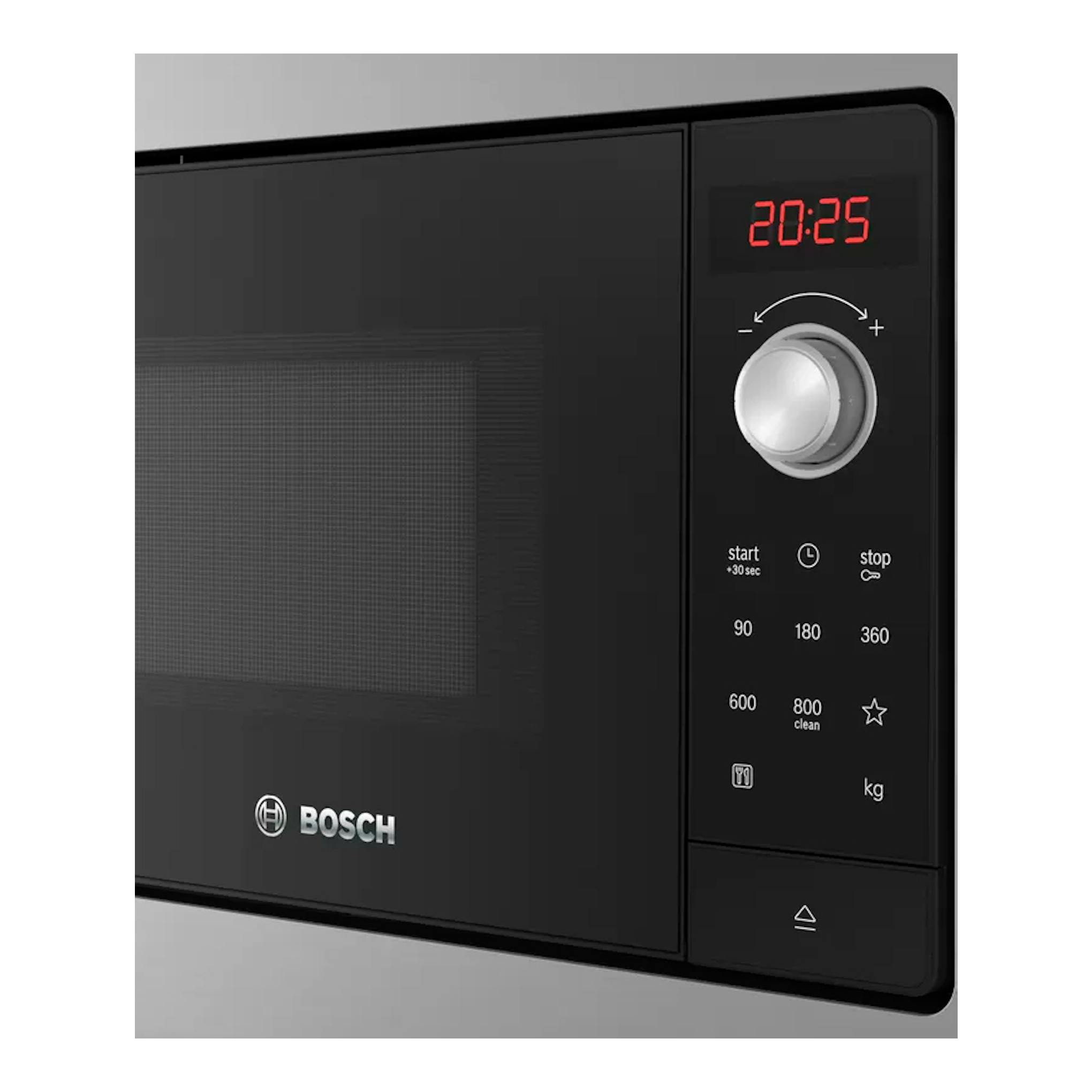 Microondas Bosch BEL623MS3 negro, vista frontal parcial con panel digital y mando plateado.