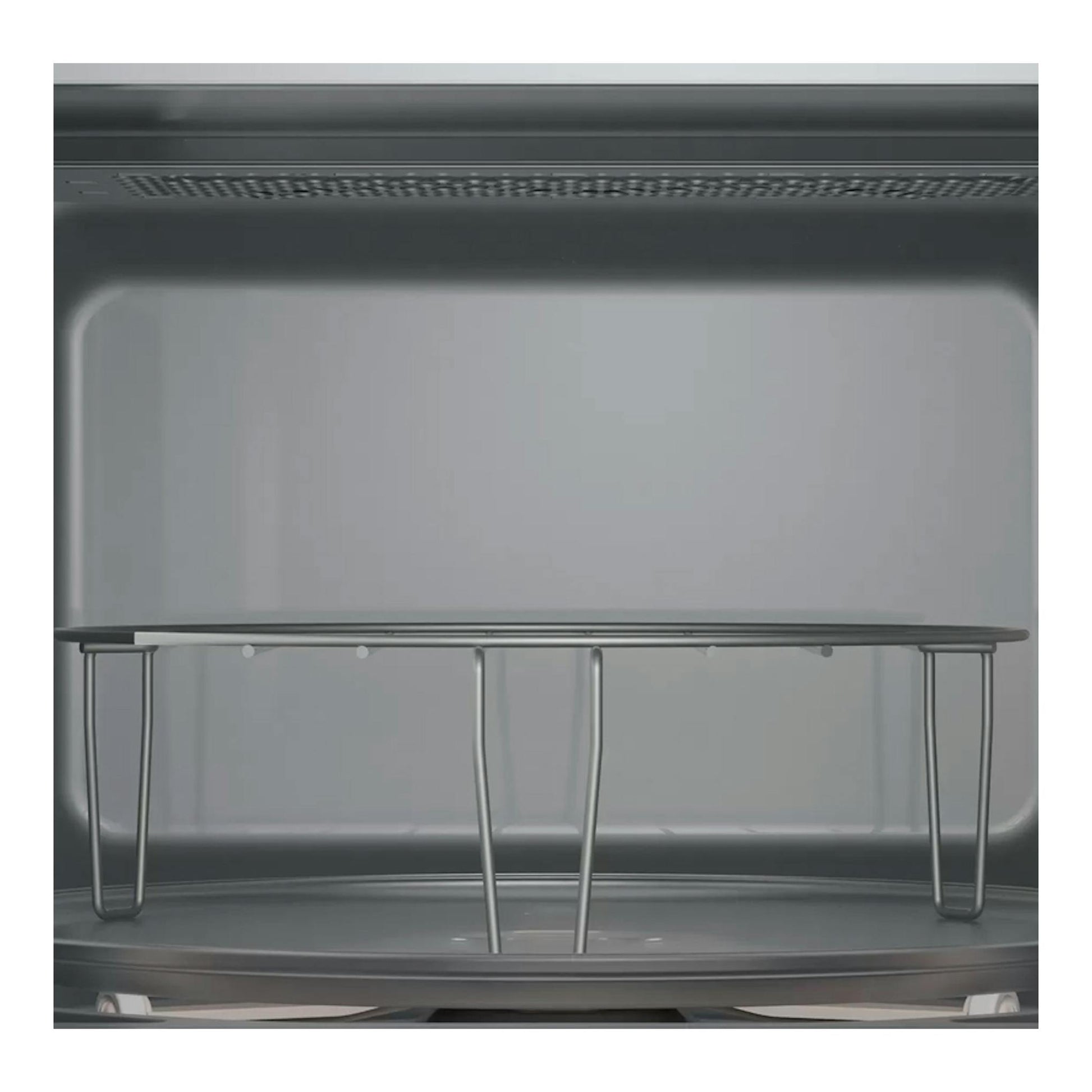 Interior frontal de microondas Bosch BEL623MS3 Inox, cavidad gris con plato giratorio de vidrio.