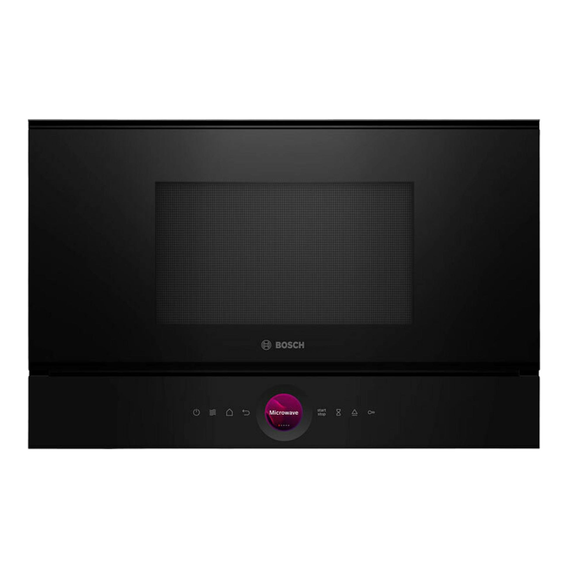 Microondas Bosch BEL7321B1 negro, vista frontal, con panel táctil y pantalla central.