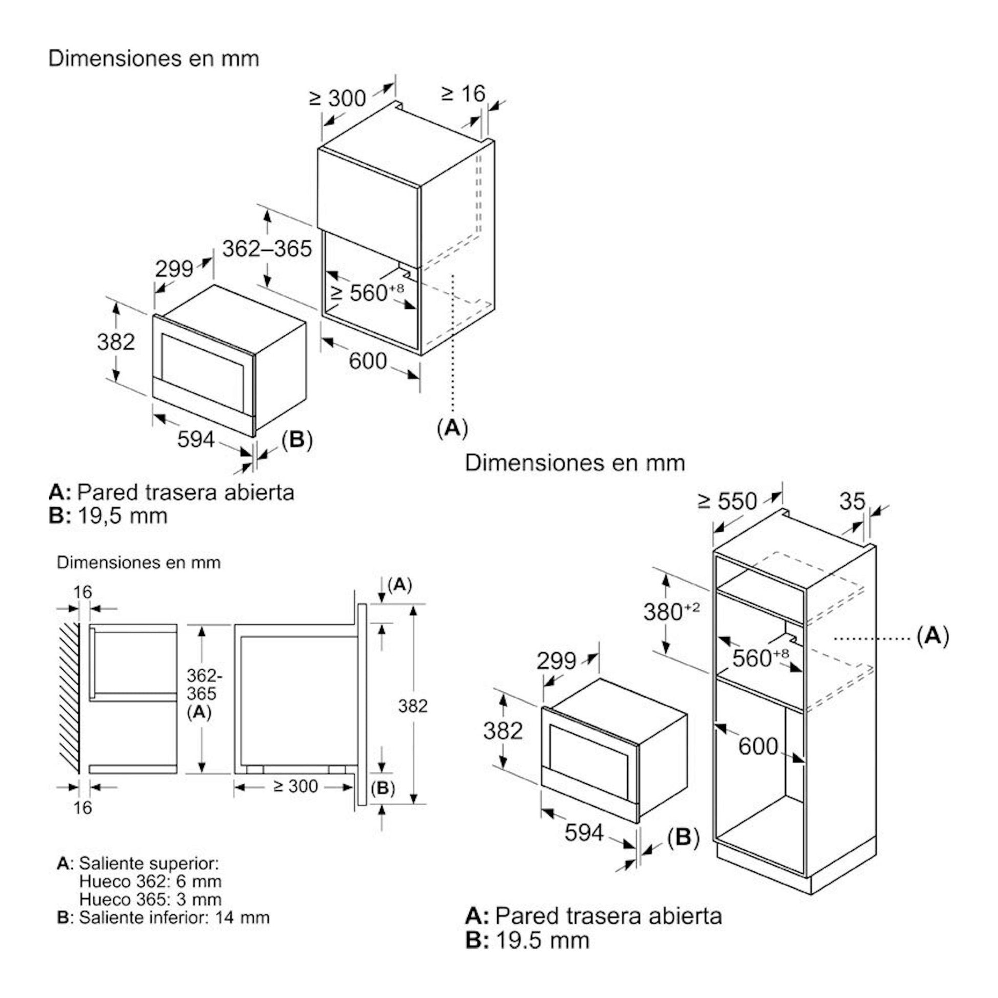Bosch BEL7321B1 negro, esquema técnico de instalación con vistas frontal y lateral y medidas en mm.
