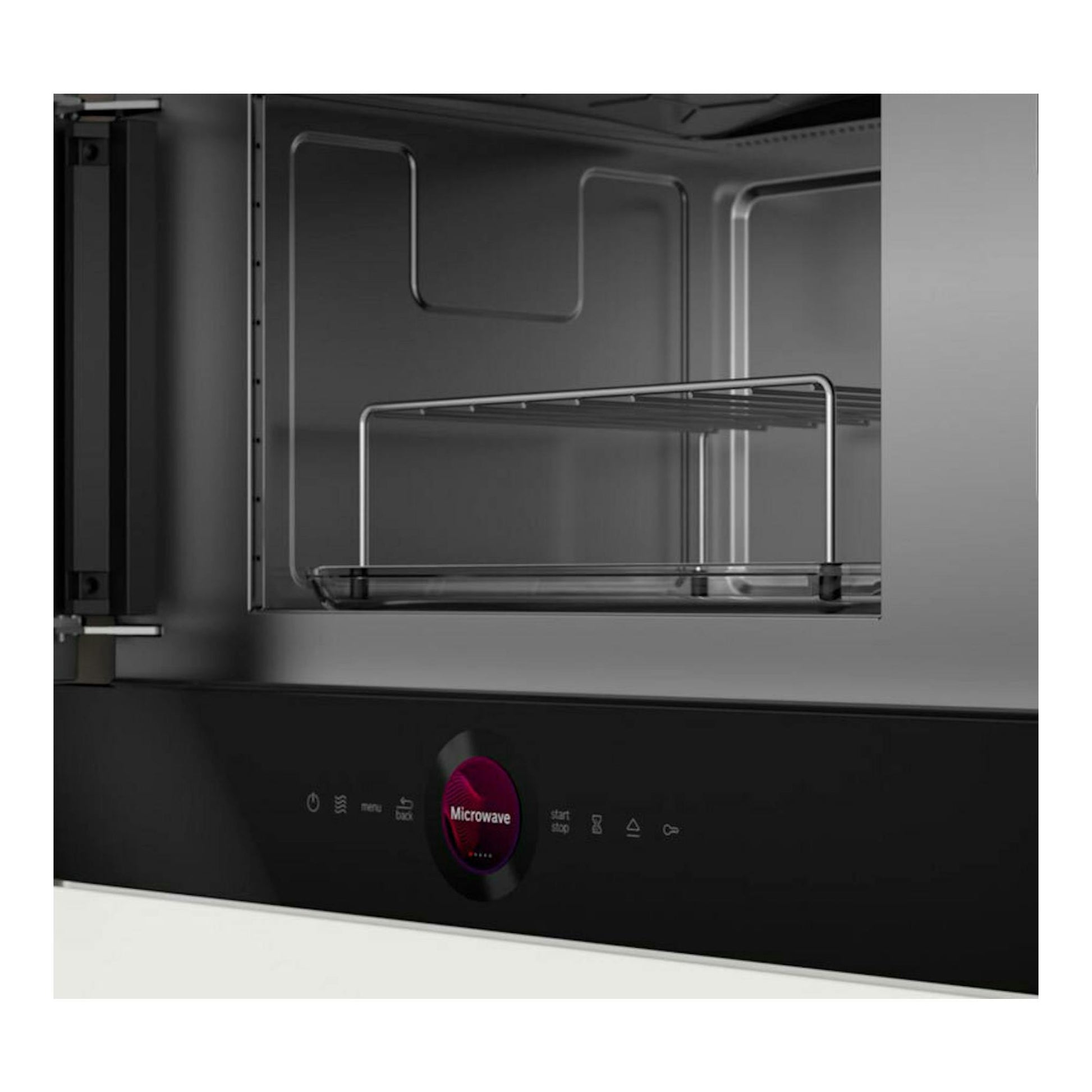 Microondas Bosch BEL7321B1 negro, vista frontal parcial con puerta abierta y panel táctil.