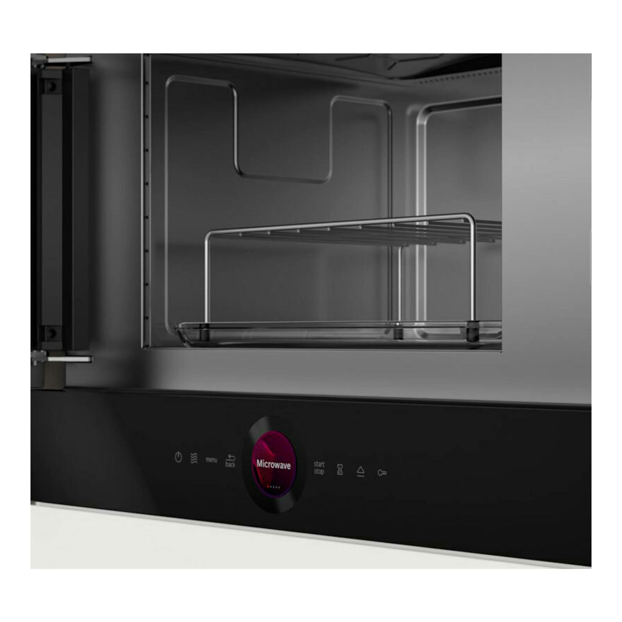 Microondas Bosch BEL7321B1 negro, vista frontal parcial con puerta abierta y panel táctil.