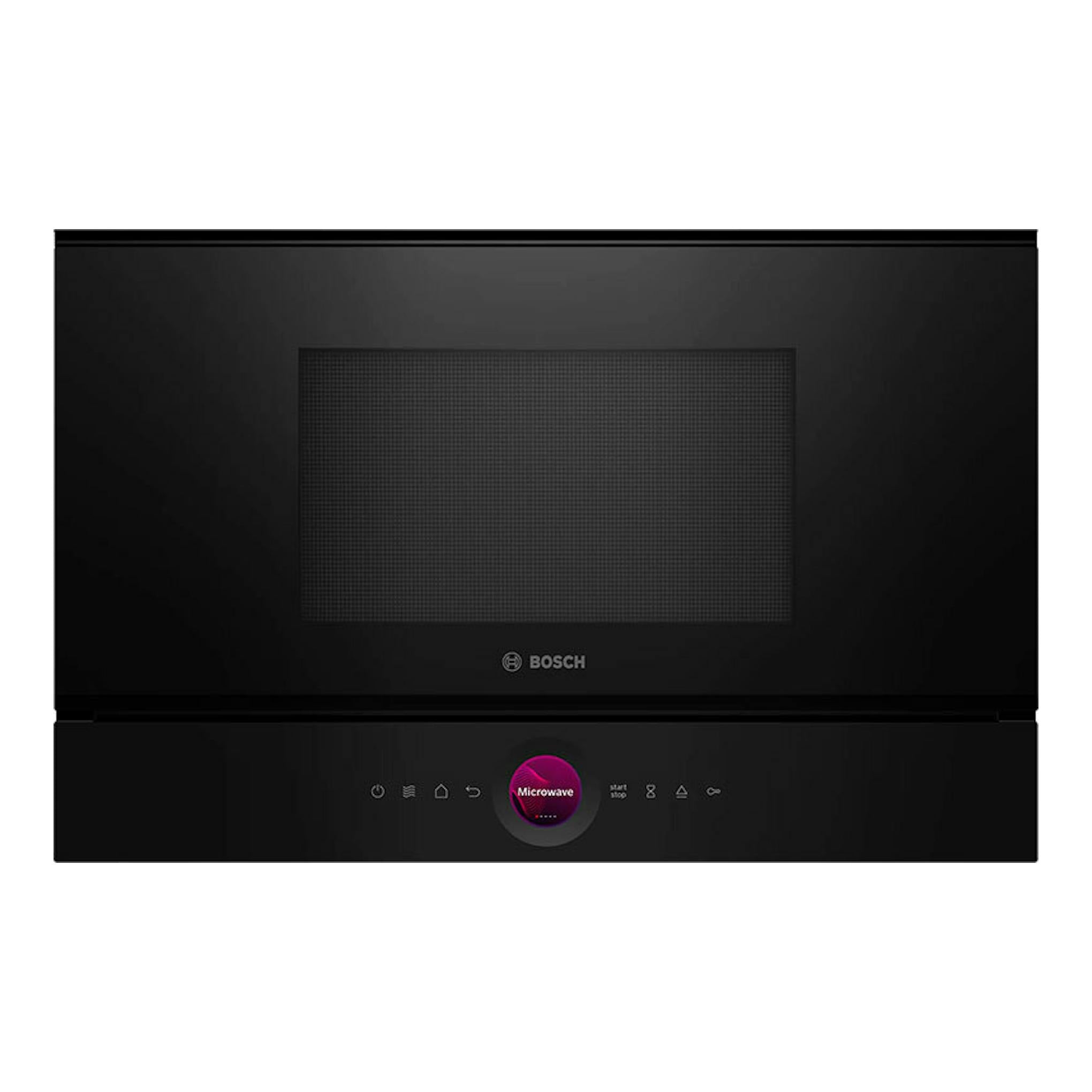Microondas Bosch BER7321B1 negro, vista frontal, con puerta de vidrio oscura y panel táctil inferior.