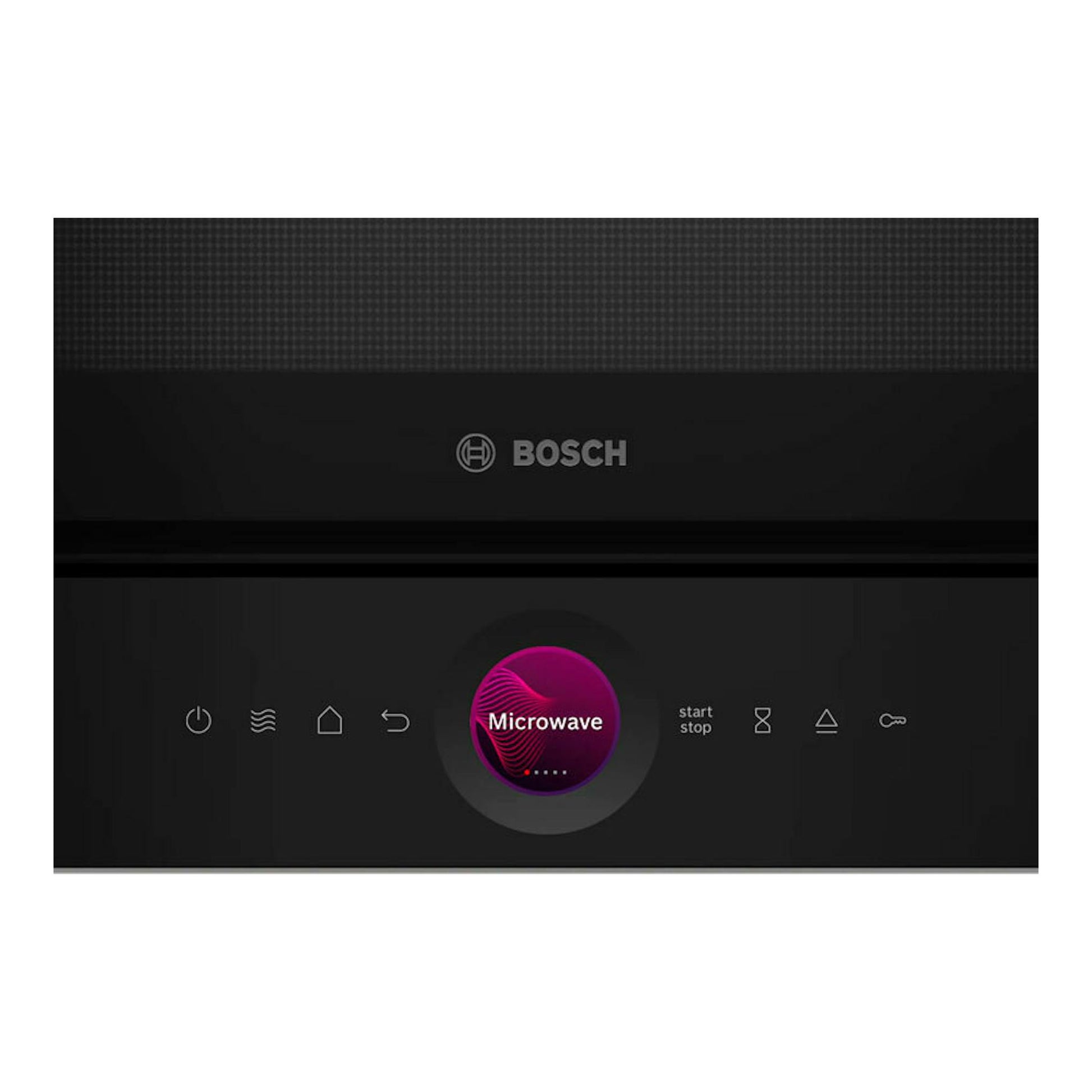 Microondas Bosch BER7321B1 negro, vista frontal del panel táctil con pantalla circular.