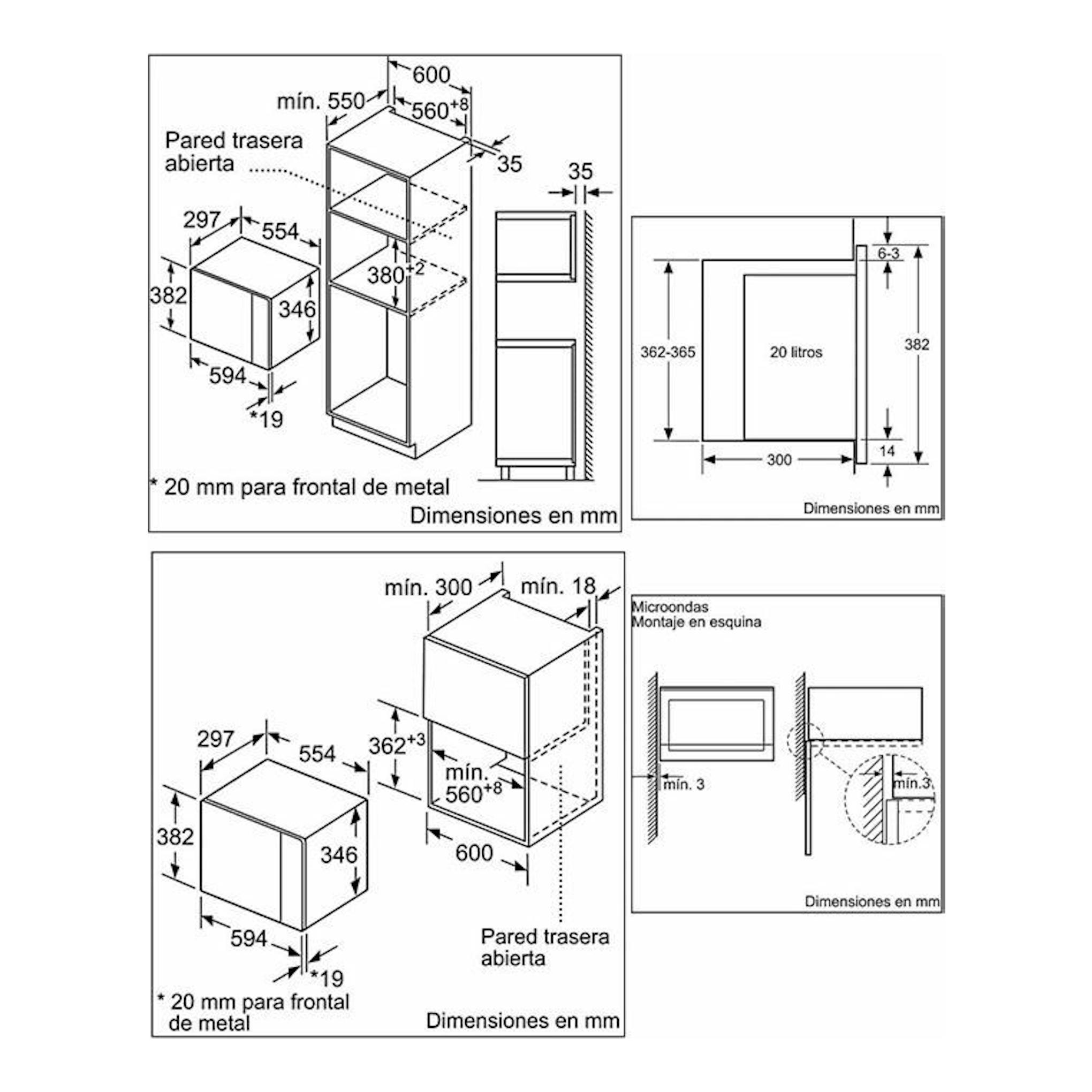 Bosch BFL520MS0 negro: esquema técnico de instalación con dimensiones y vistas frontal y lateral.