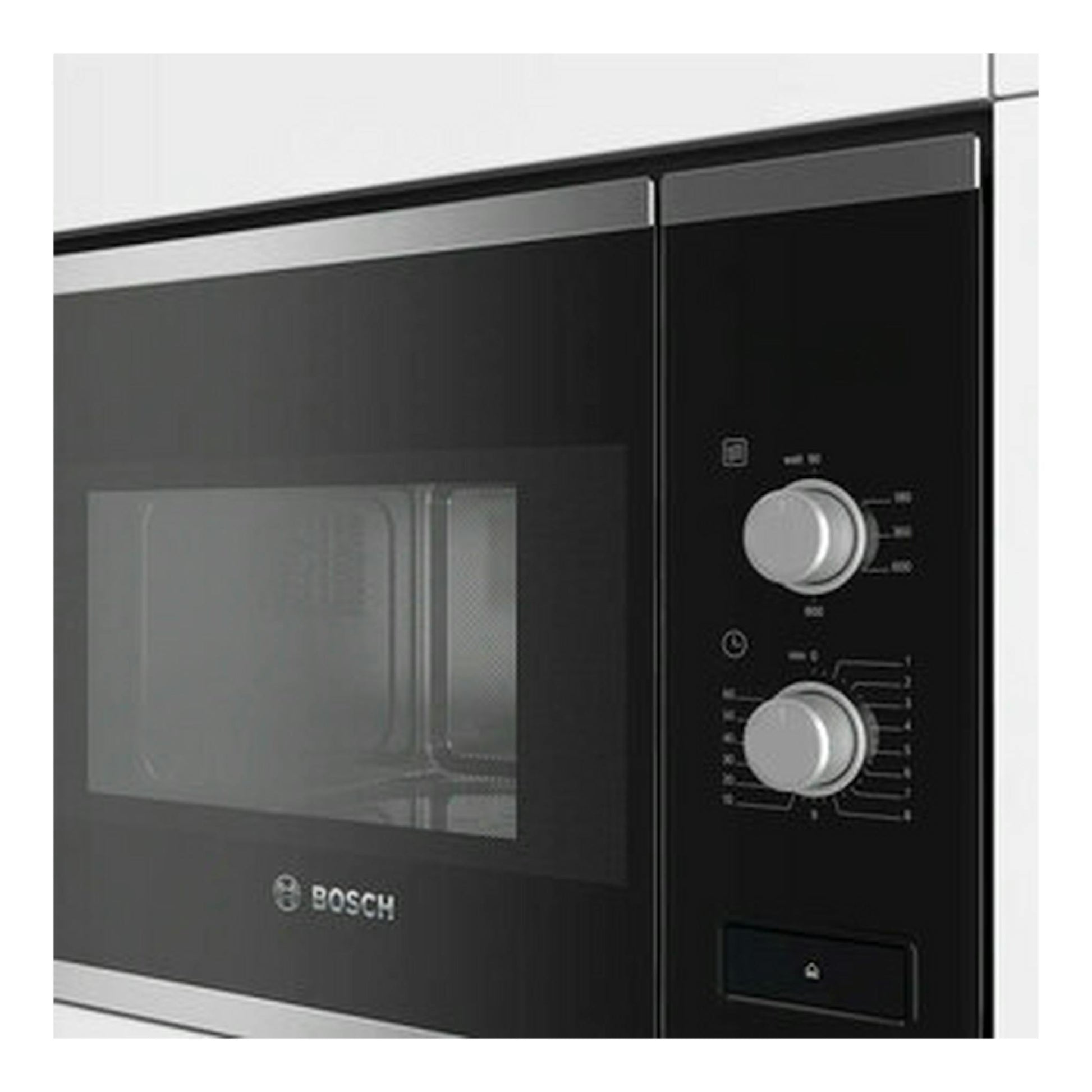 Microondas empotrable Bosch BFL520MS0 negro, vista frontal parcial con dos mandos y puerta de vidrio.