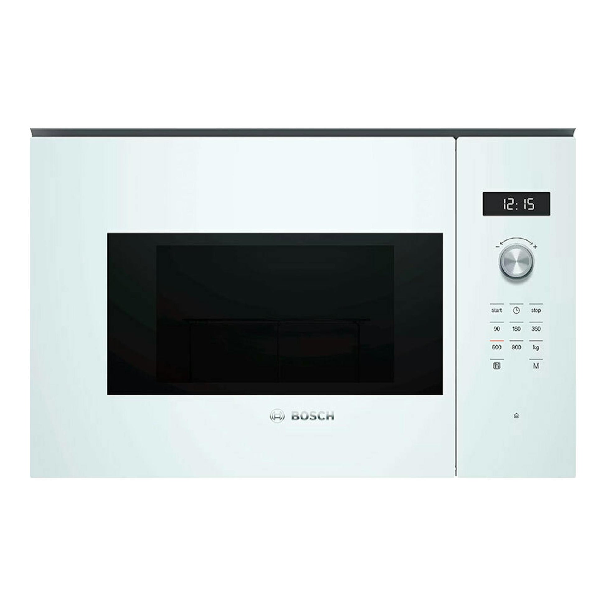 Microondas Bosch BFL524MW0 blanco, vista frontal, con puerta negra y panel de control digital a la derecha.