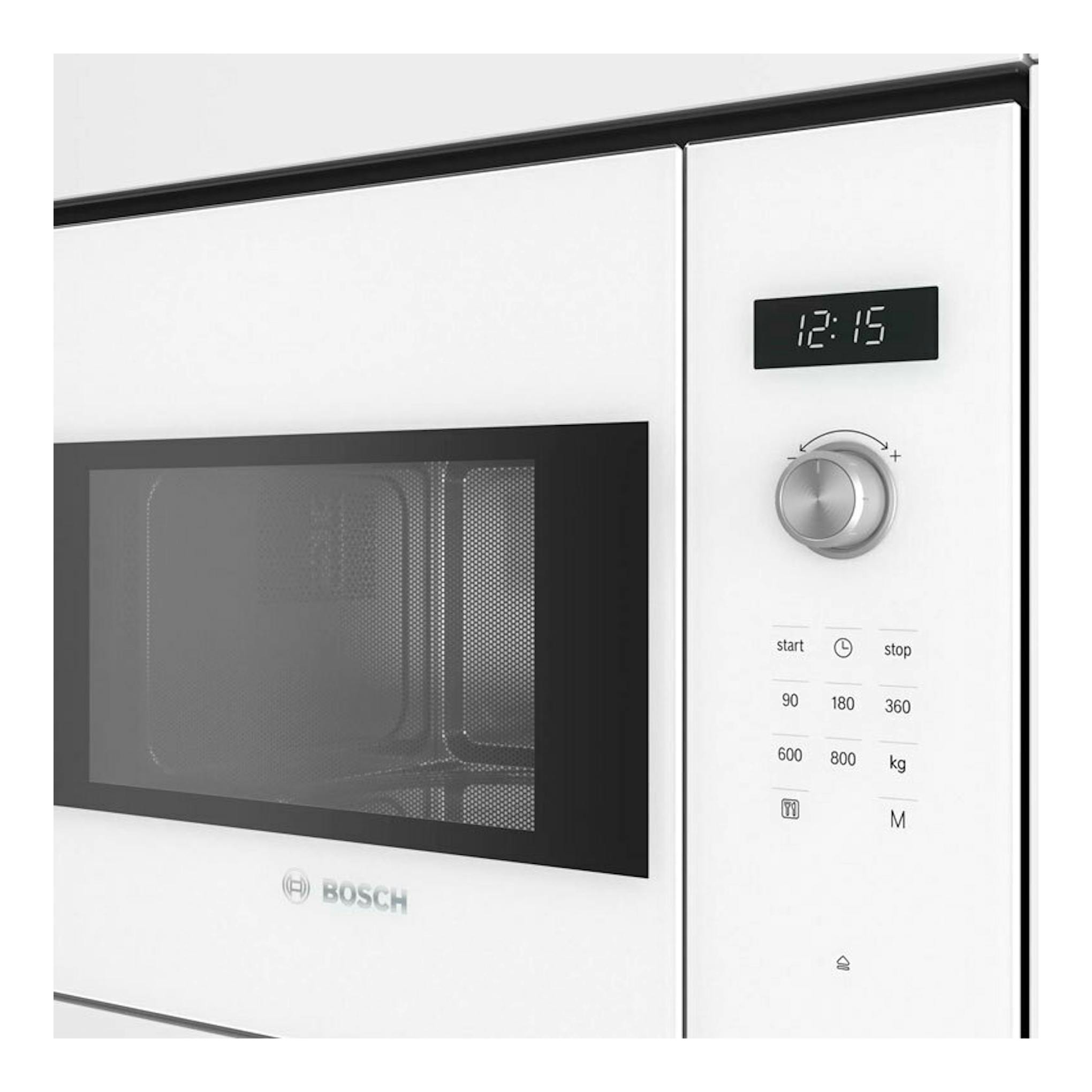 Microondas empotrable Bosch BFL524MW0 blanco, vista frontal, con pantalla digital y selector giratorio.