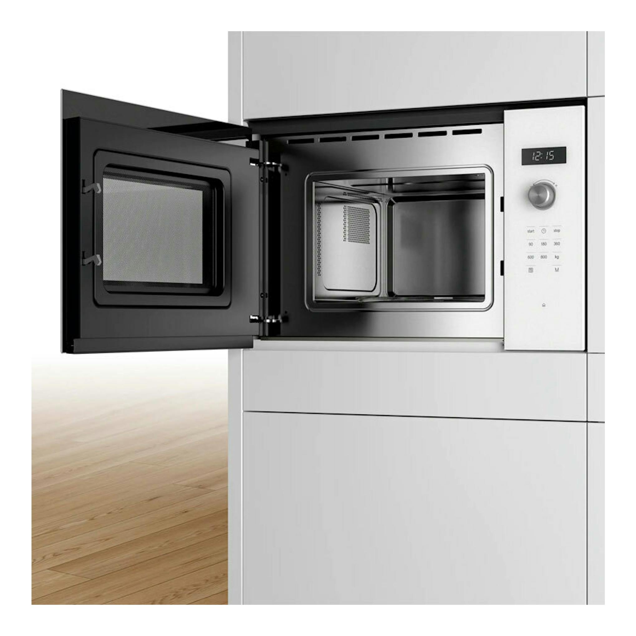 Microondas Bosch BFL524MW0 blanco, vista frontal, con puerta abierta y panel digital lateral.