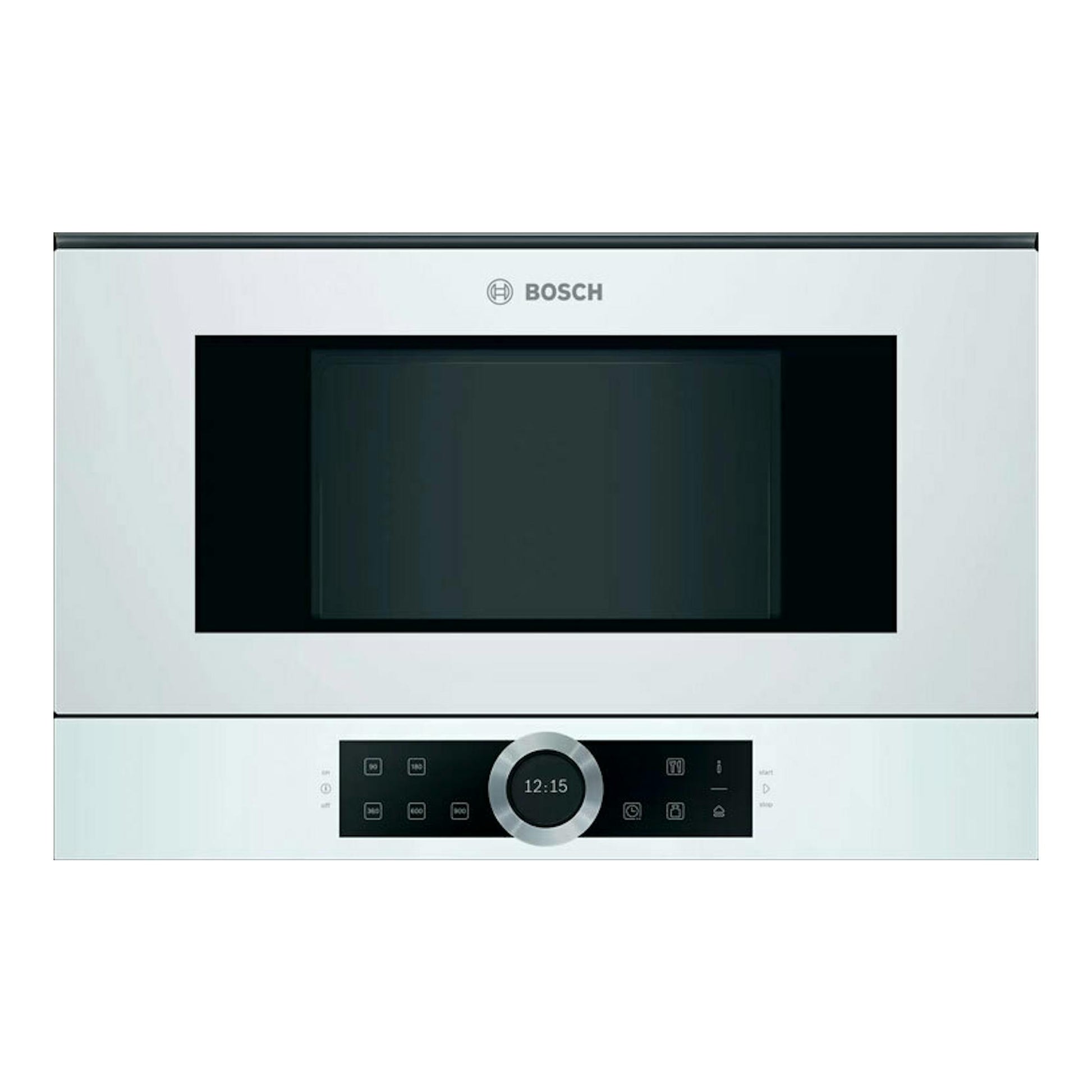 Microondas empotrable Bosch BFL634GW1 blanco, vista frontal, con panel negro y mando central.