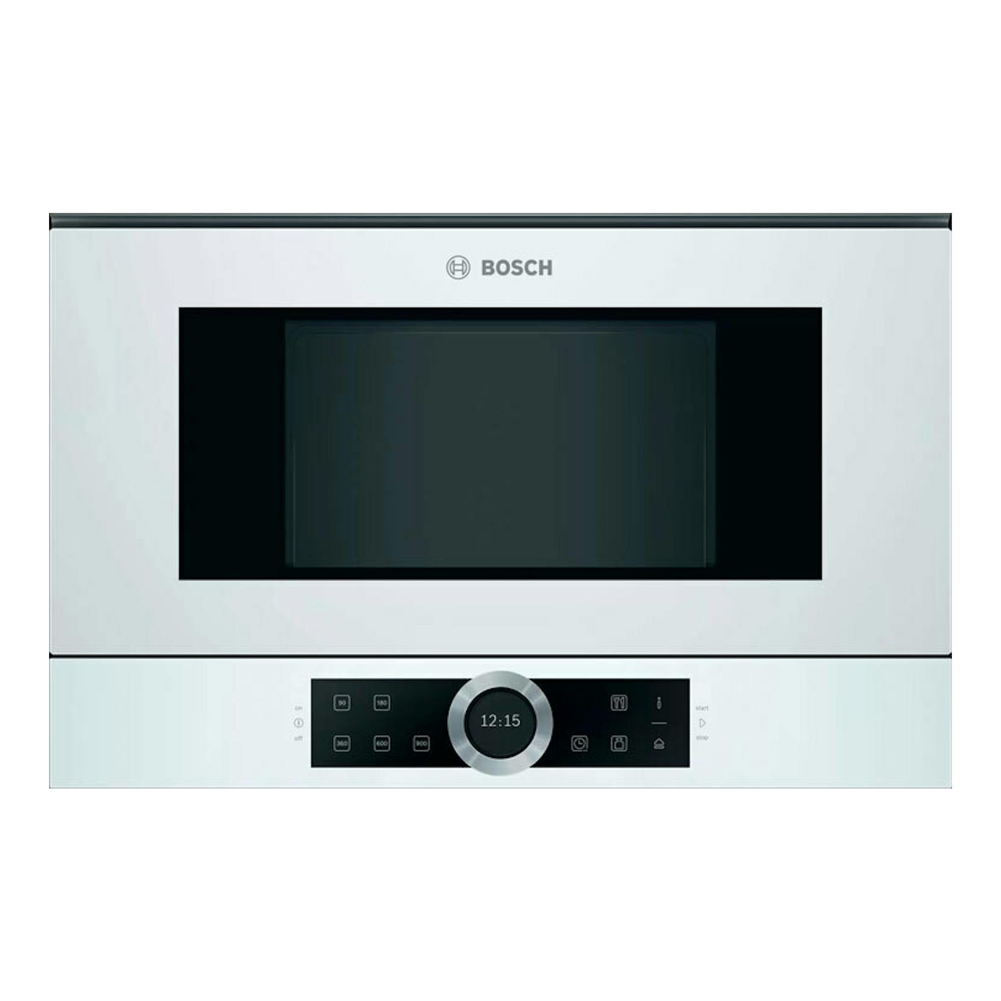 Microondas empotrable Bosch BFL634GW1 blanco, vista frontal, con panel negro y mando central.
