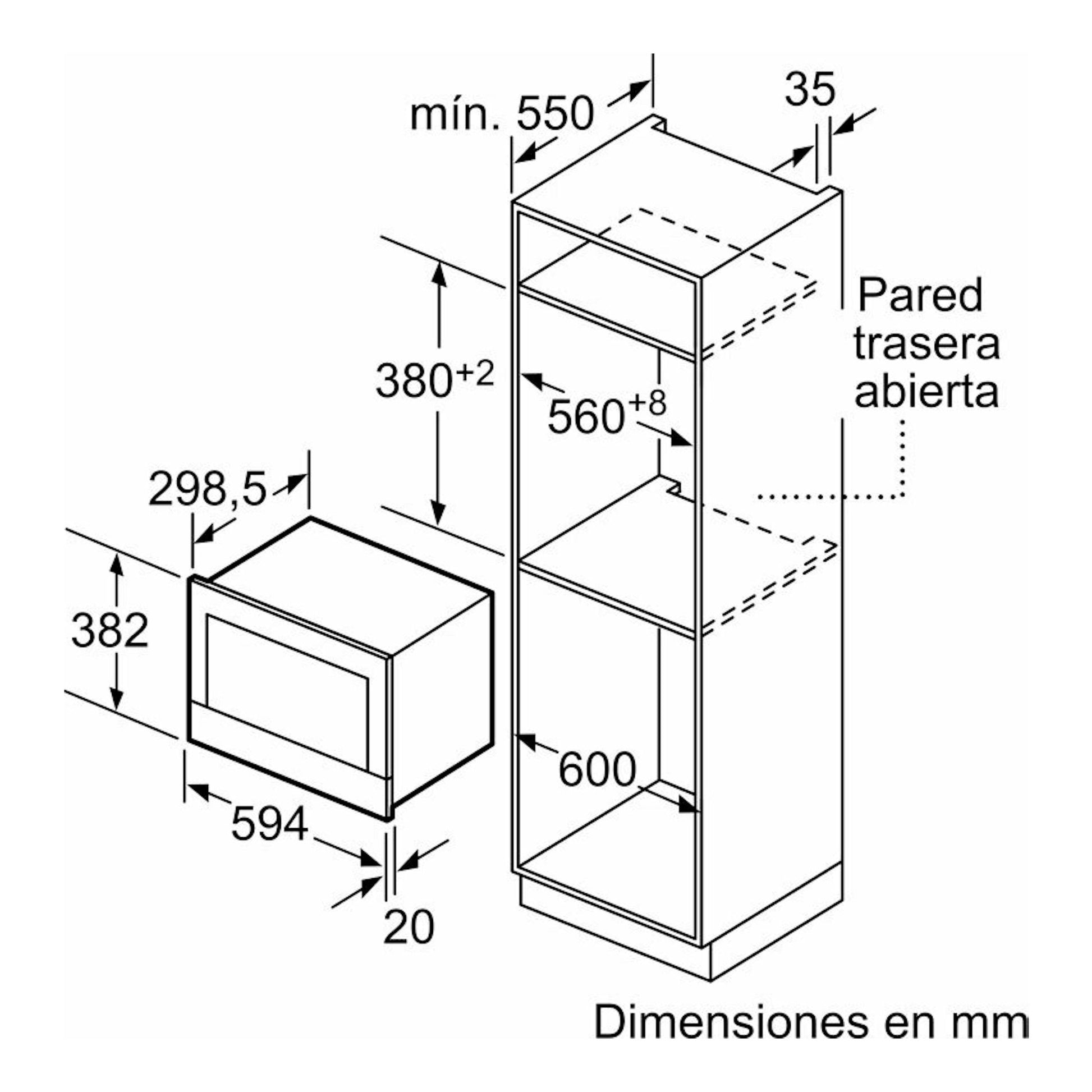 Bosch BFL634GW1 microondas blanco, dibujo técnico frontal e isométrico con medidas de instalación en mm.