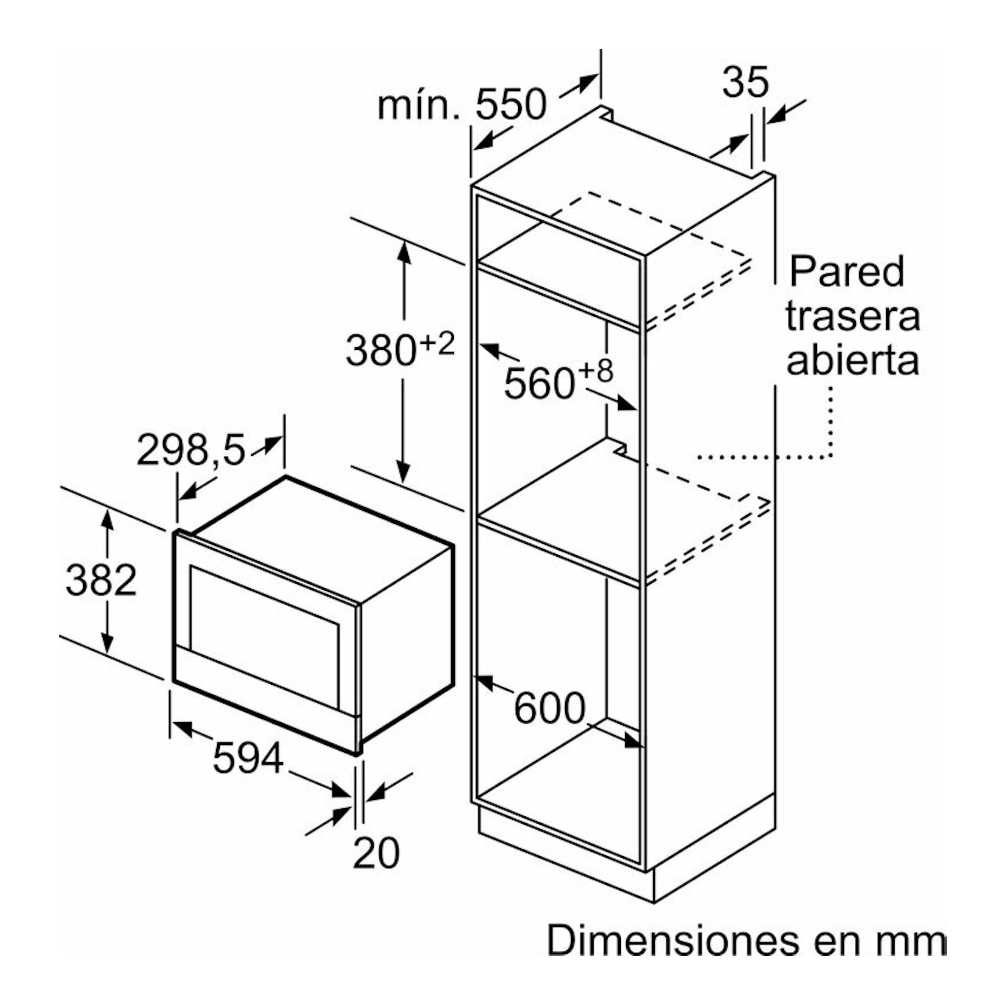 Bosch BFL634GW1 microondas blanco, dibujo técnico frontal e isométrico con medidas de instalación en mm.