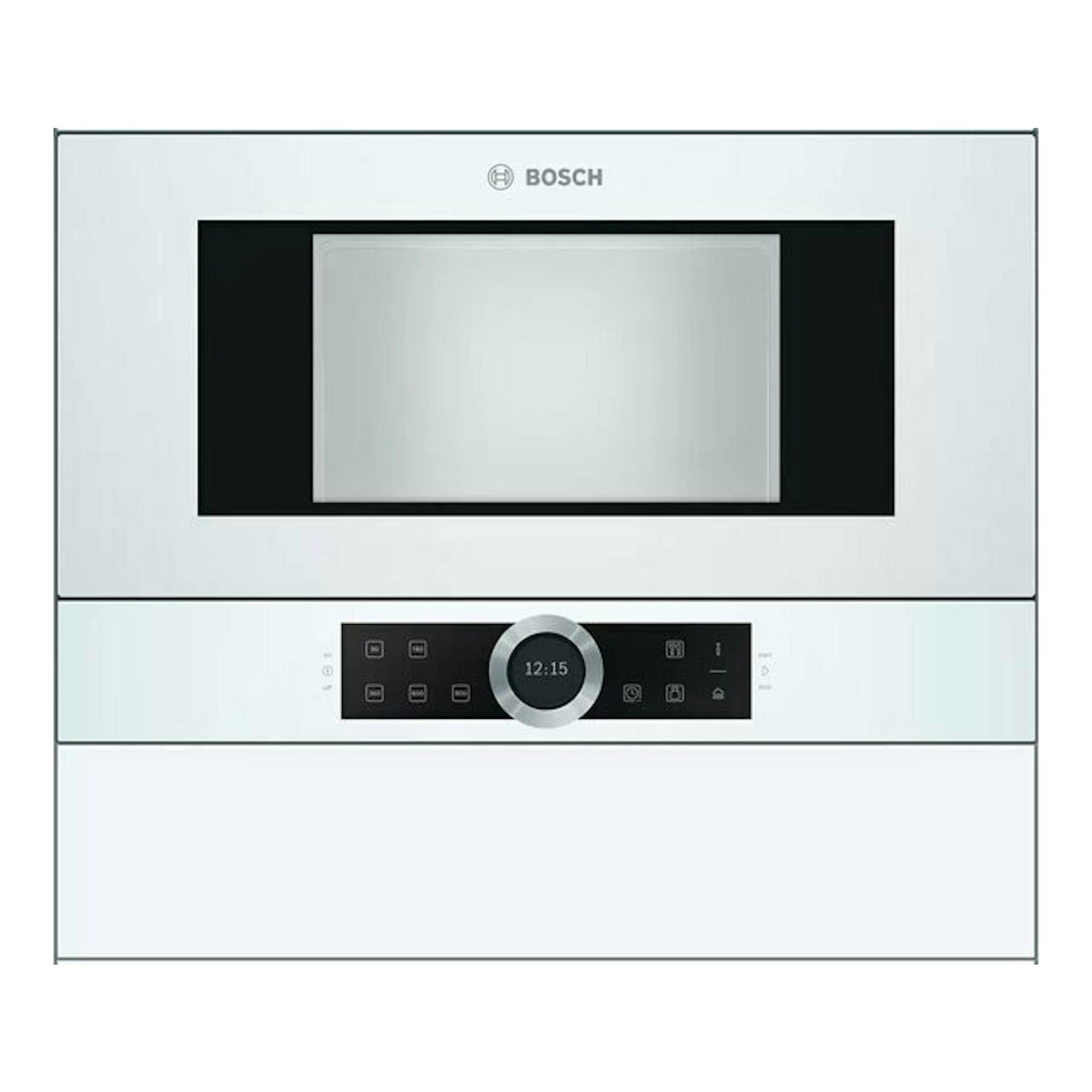 Microondas empotrable Bosch BFL634GW1 blanco, vista frontal con panel negro y pantalla central.