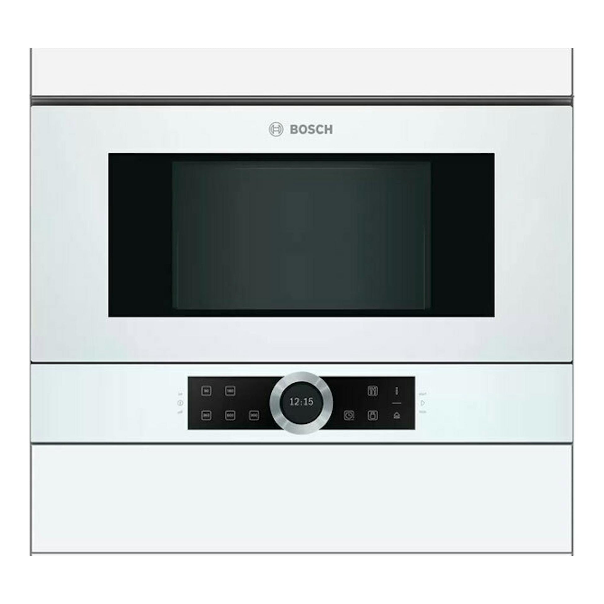 Microondas empotrable Bosch BFL634GW1 blanco, vista frontal con panel negro y pantalla digital.
